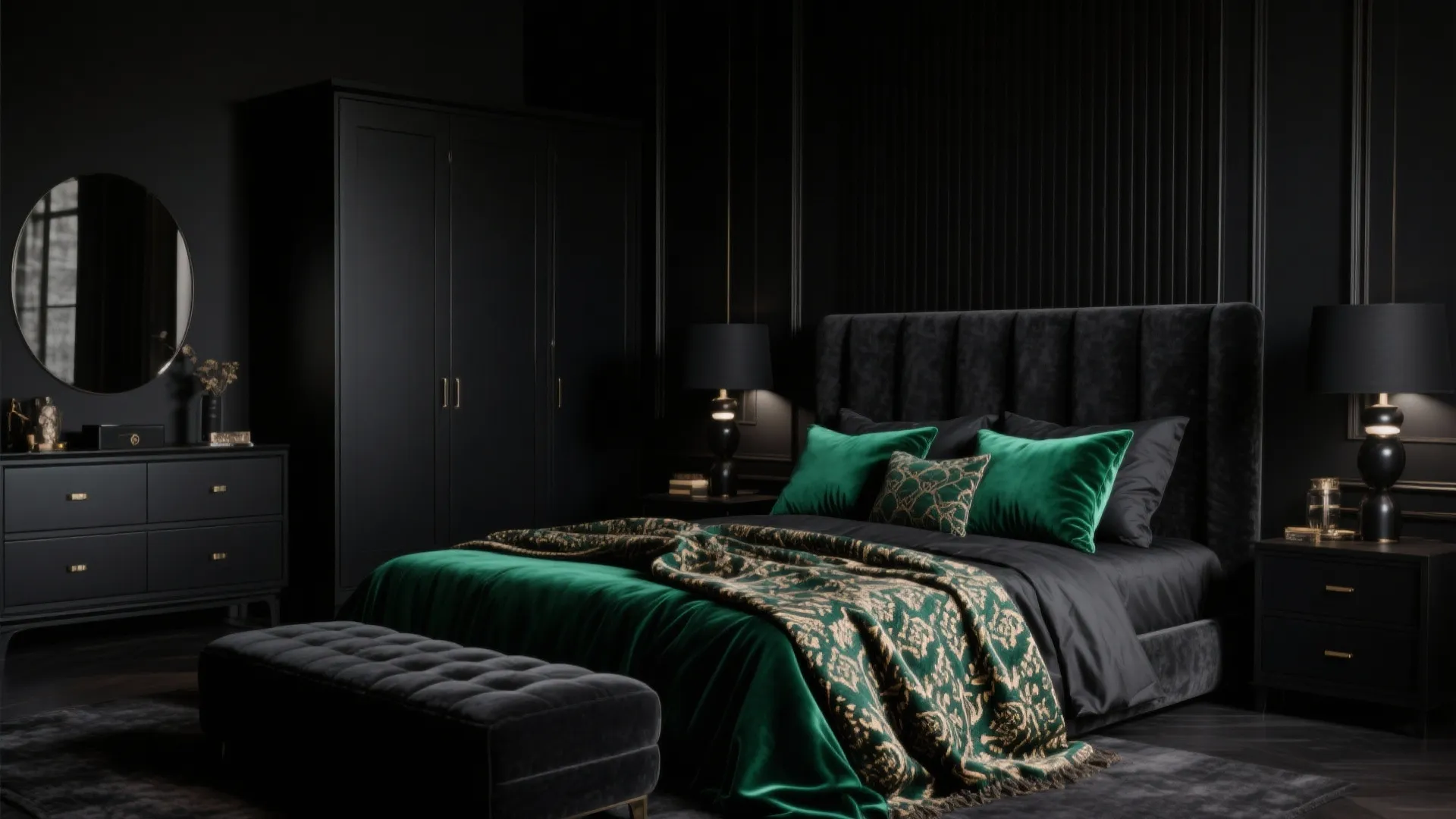 4. All-black bedroom set with bold textile contrast