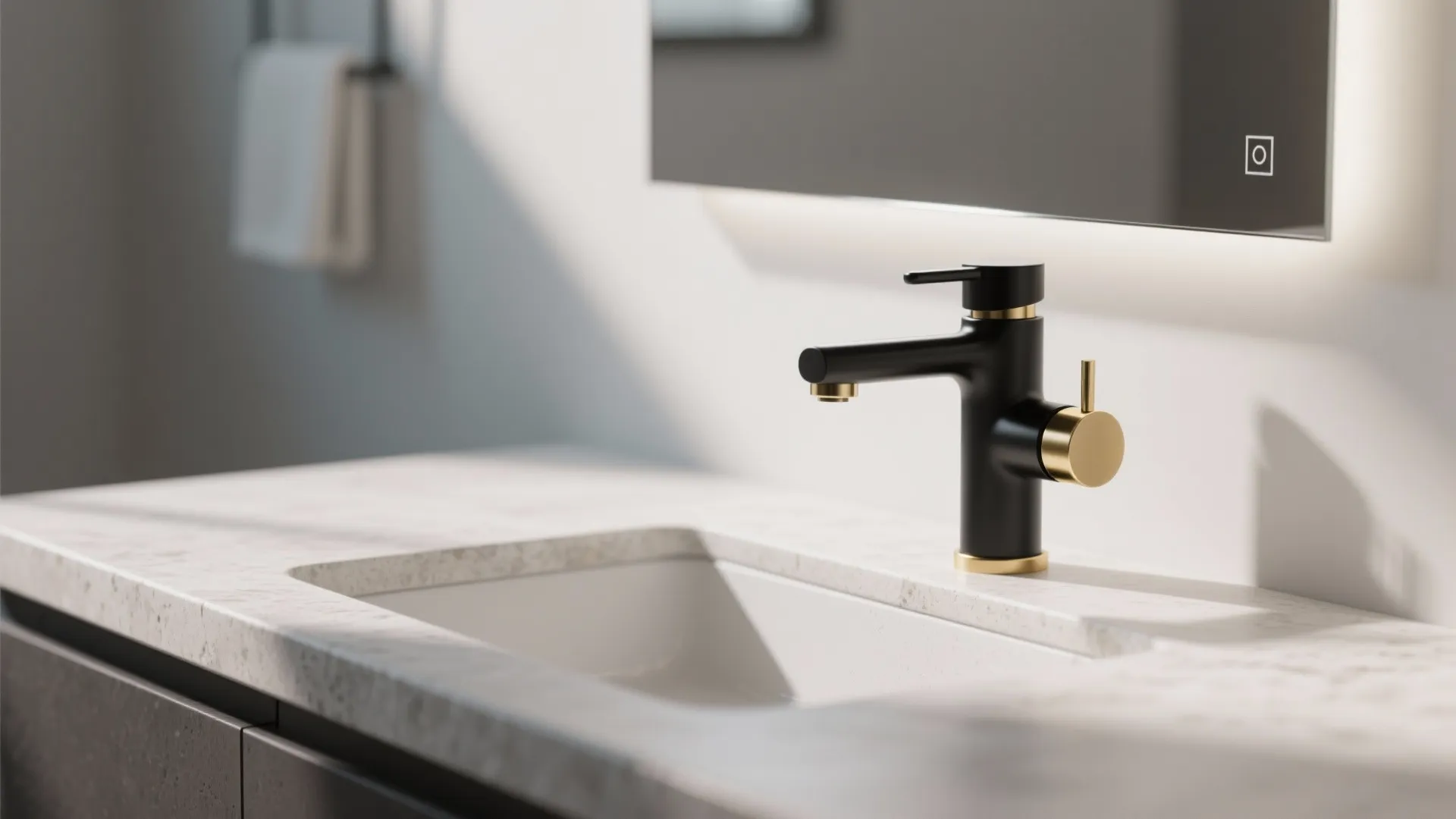 2. All-black faucet with gold accents