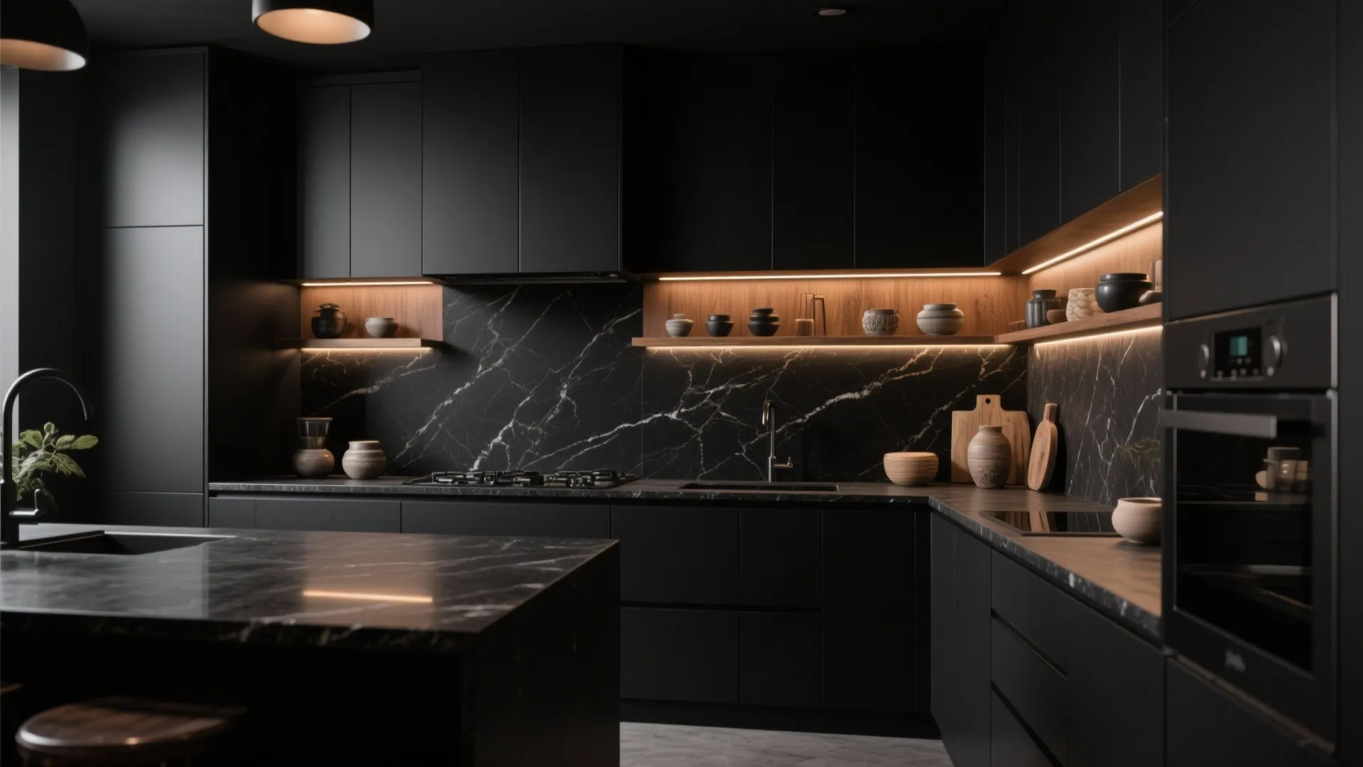 2. Monochrome drama: All-black kitchen with layers of texture