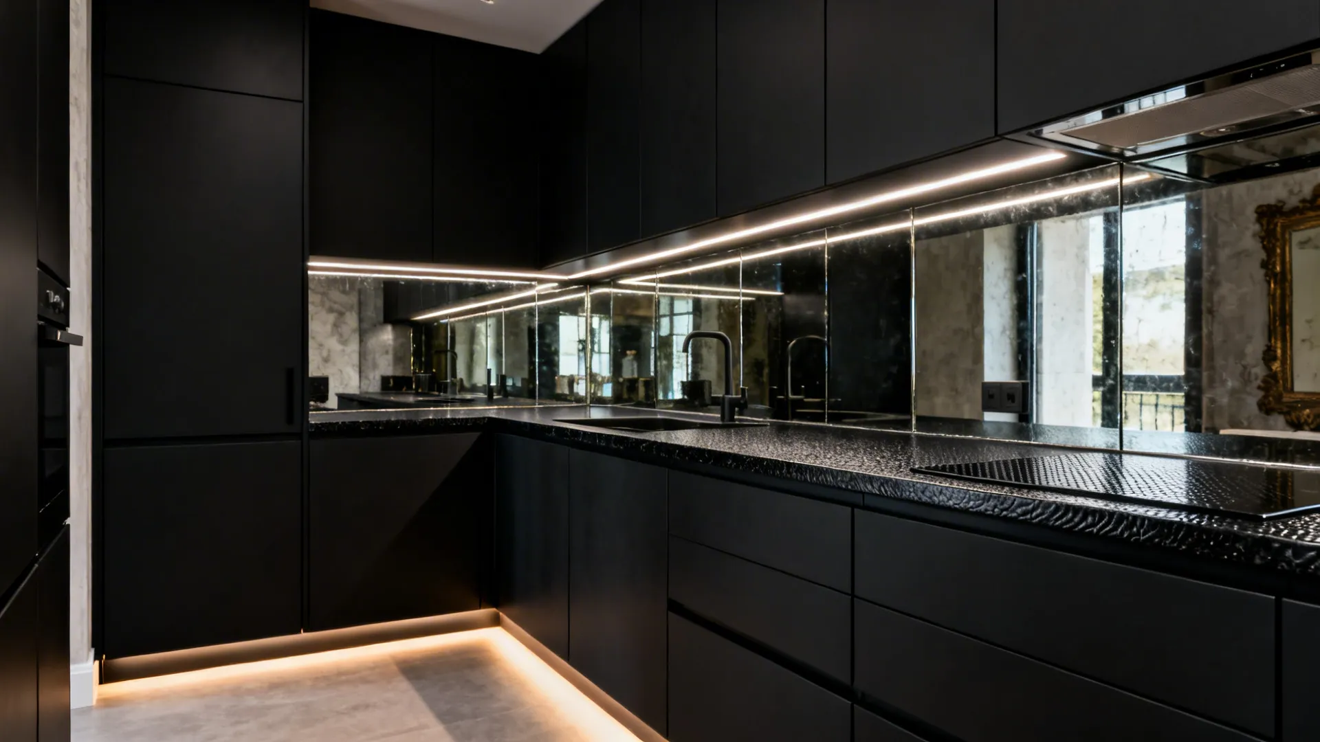 All-black modular kitchen with leathered black granite and antique mirror backsplash.