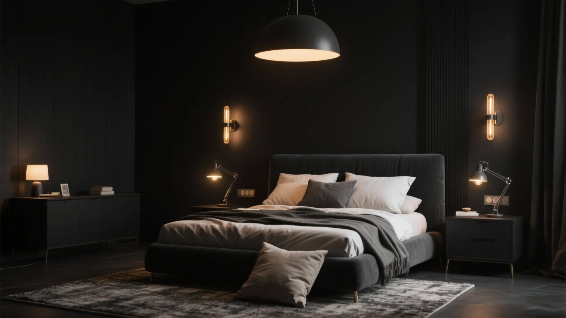 5. All-black bedroom set with strategic lighting accents