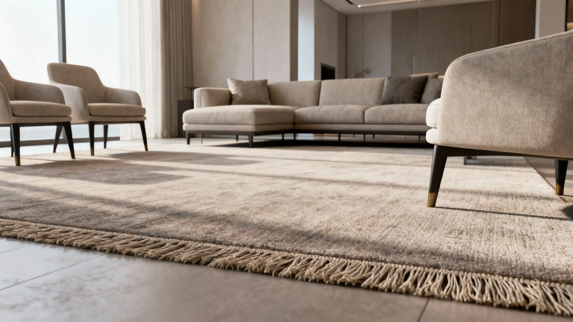 Living room where all front legs of the sectional and chairs sit on a large rug, creating a cohesive seating area.