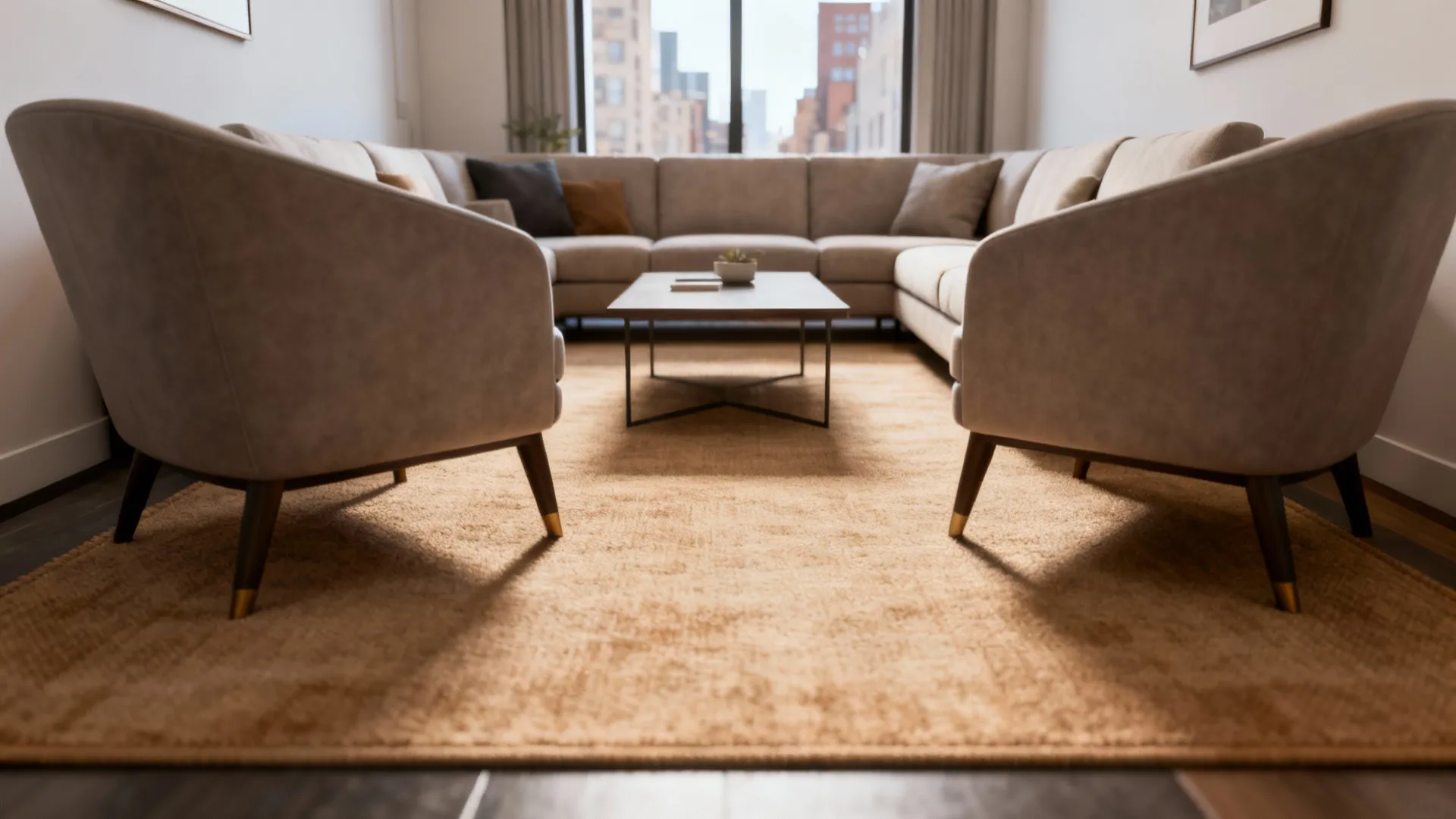 Small living room with an 8x10 rug anchoring a conversation area, all front legs on the rug