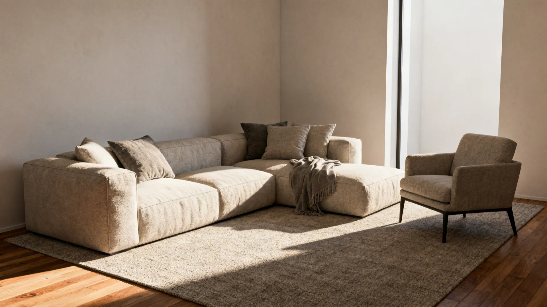 Living room showing all furniture legs on a large rug with visible floor border for proportion.