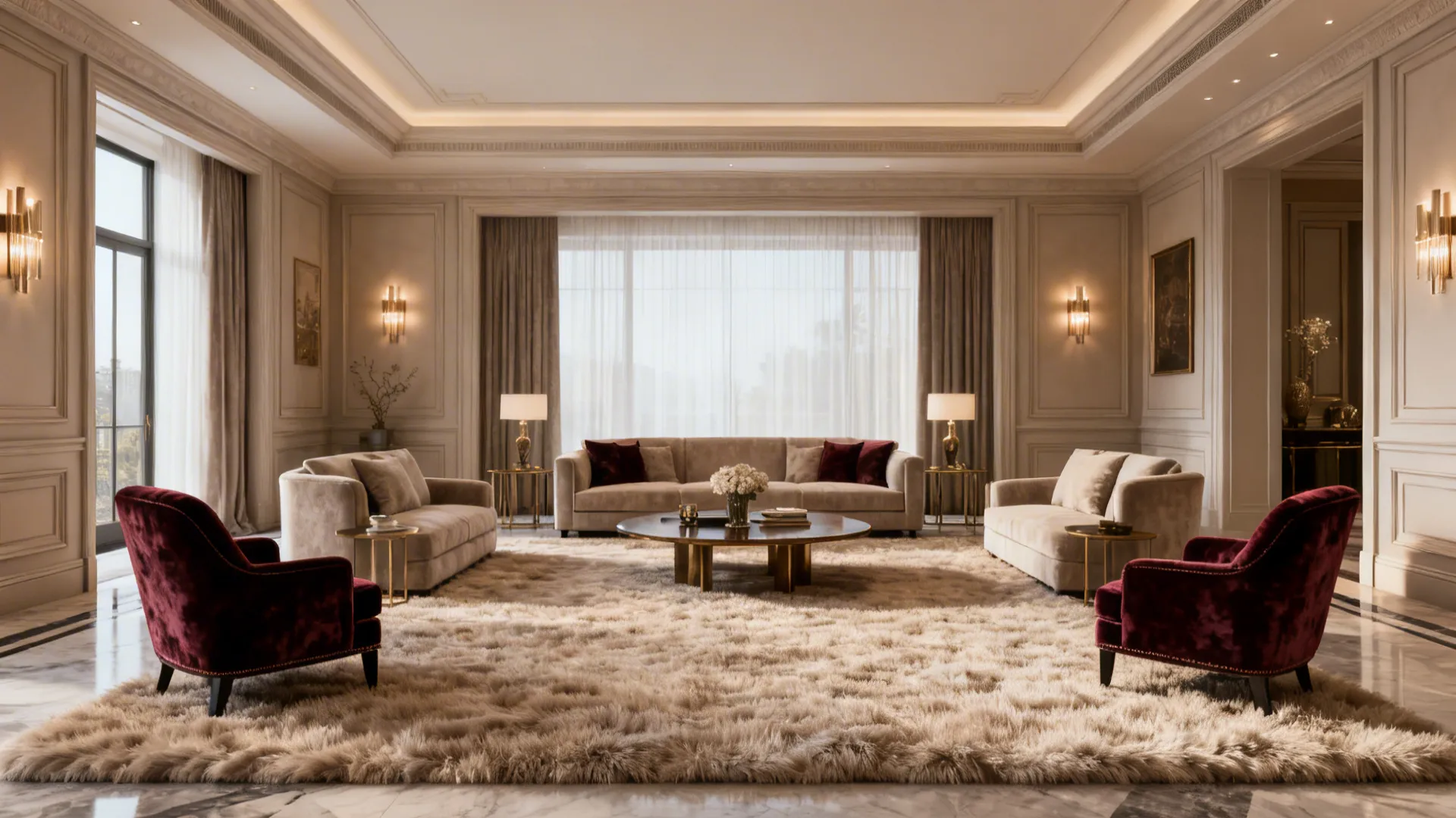 Large living room with an oversized rug under all furniture legs creating a unified seating area