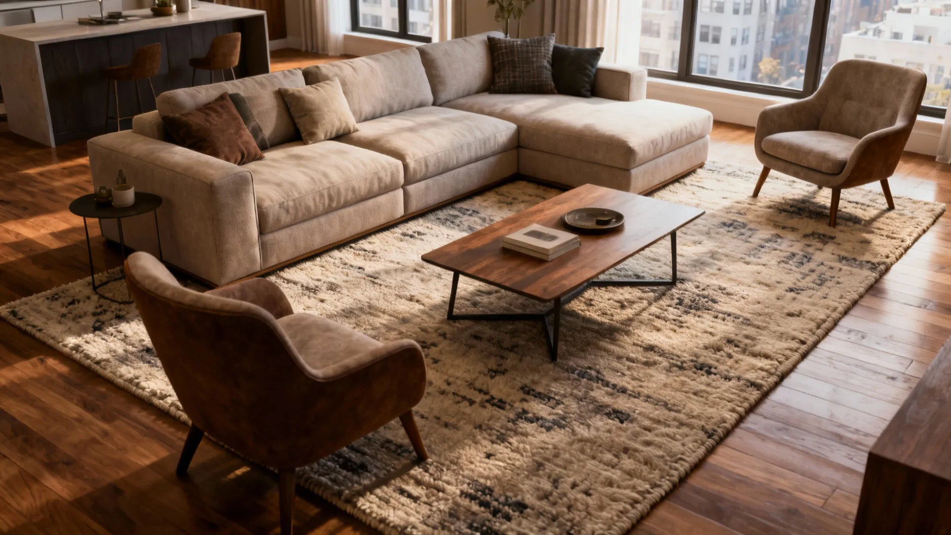 Modern living room featuring large sectional sofa wood coffee table patterned rug and two beige armchairs