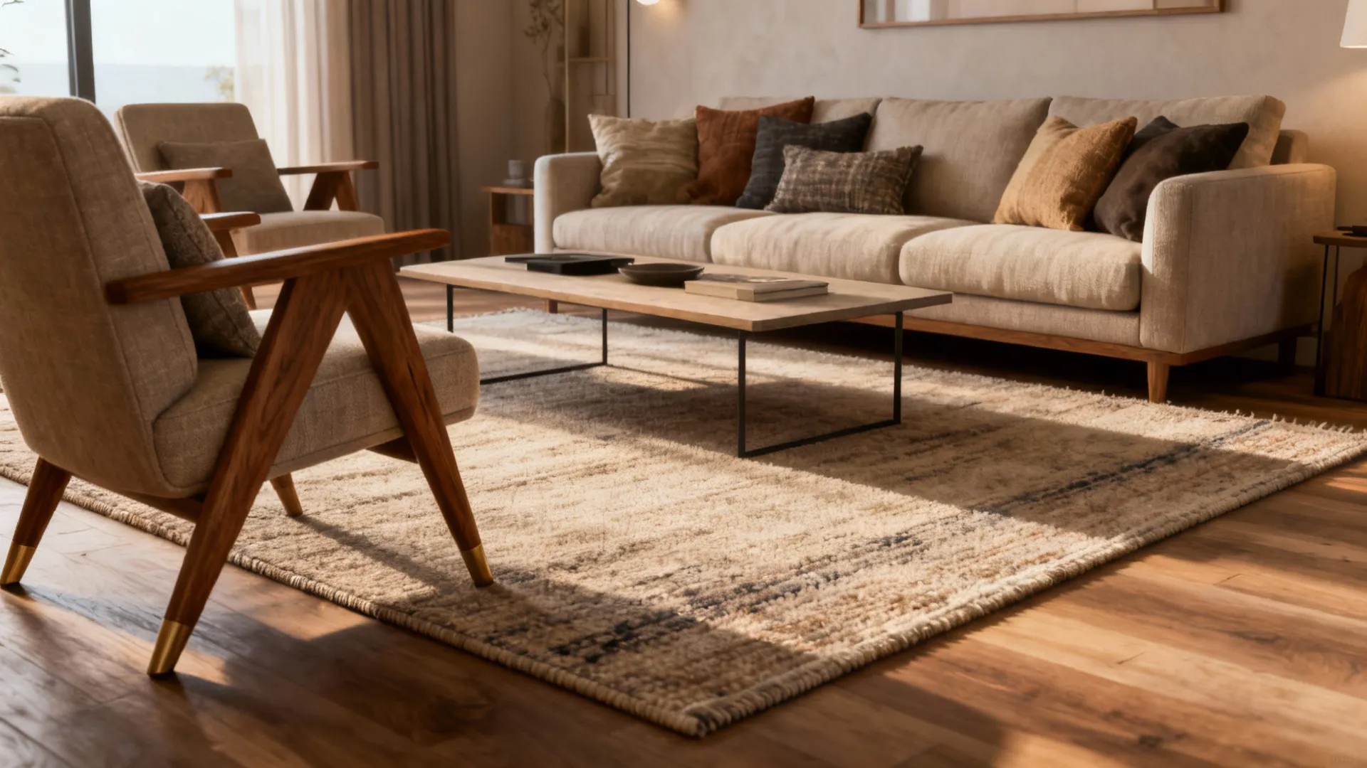 Living room with an 8x10 rug placed under the front legs of sofa and chairs for a cohesive look.