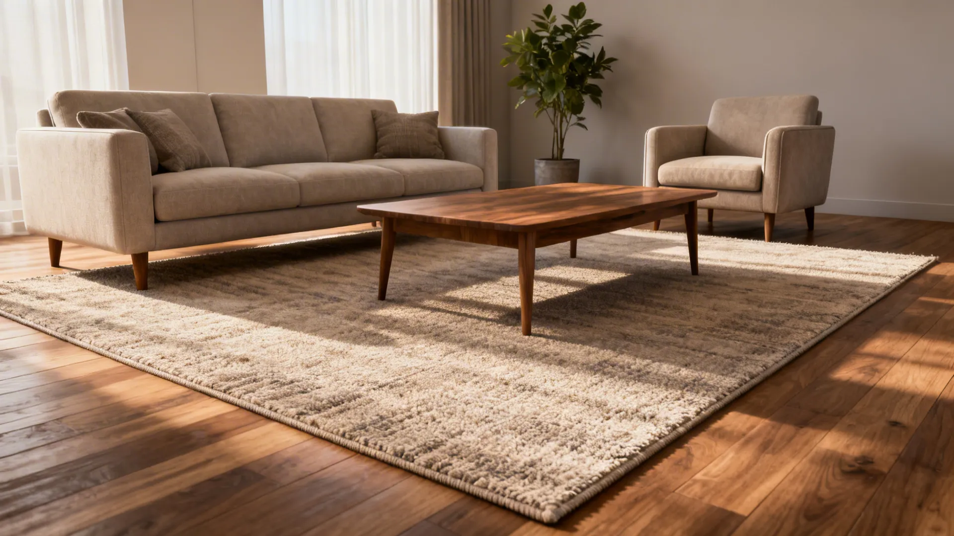 Spacious living room with all furniture legs placed on a large rug creating a unified seating area.