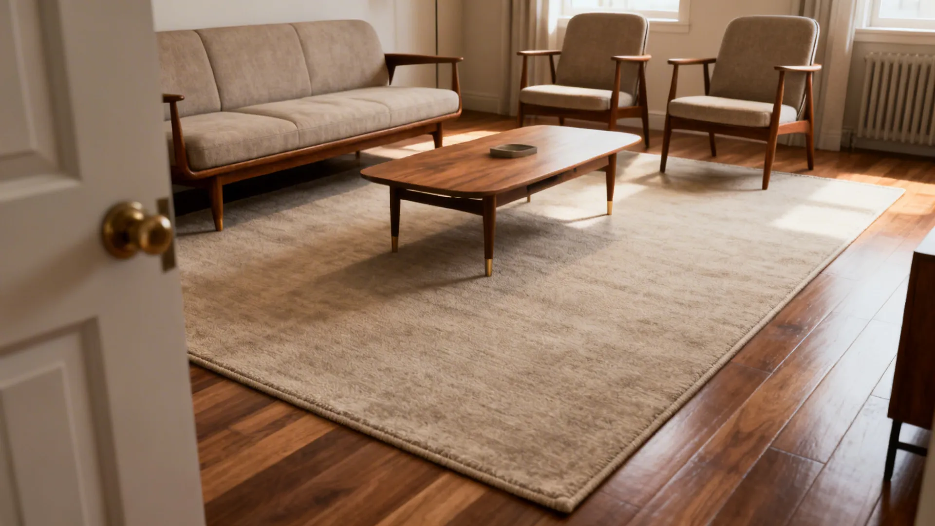 Small living room with all furniture legs placed on a single large neutral rug, creating a cohesive seating area.
