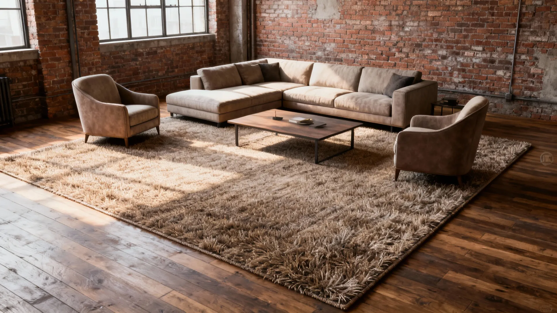 Loft living room with a large rug under sofa, armchairs and coffee table creating a unified seating area.