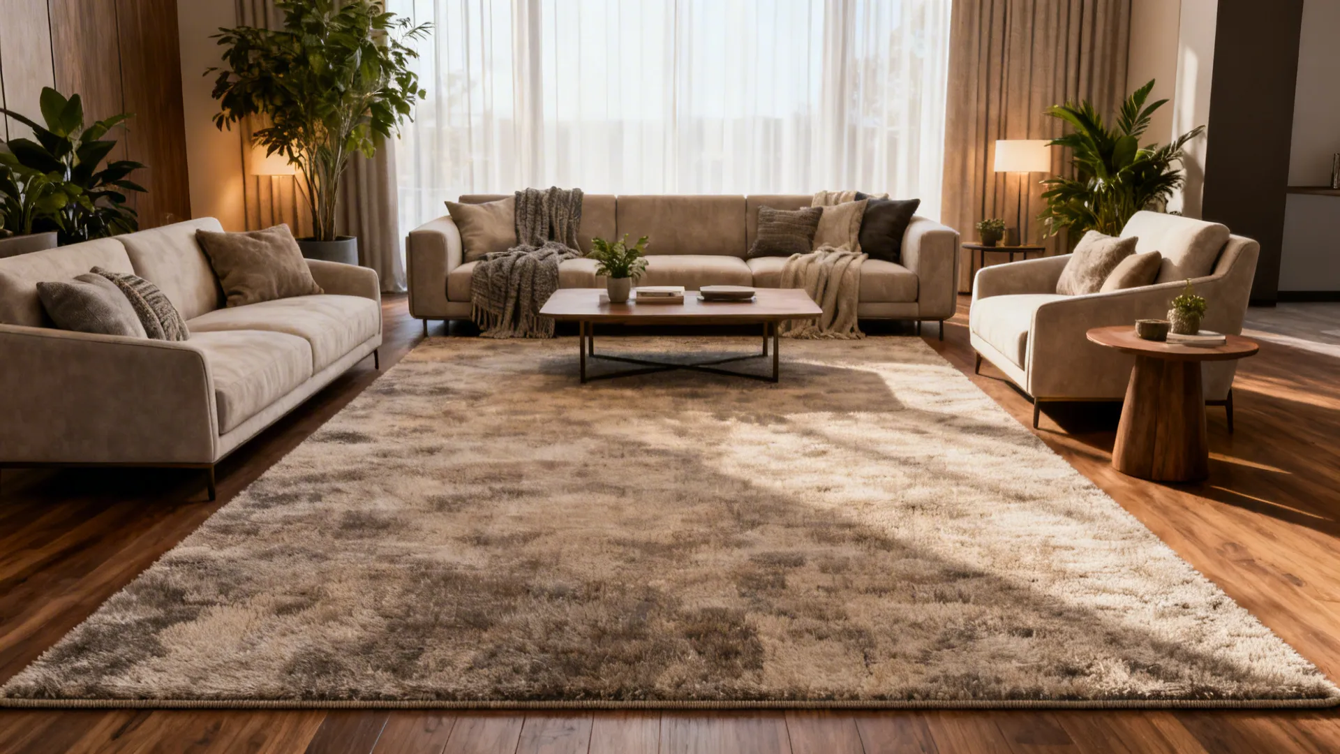 Living room with all furniture placed on a single oversized rug creating a unified seating area.