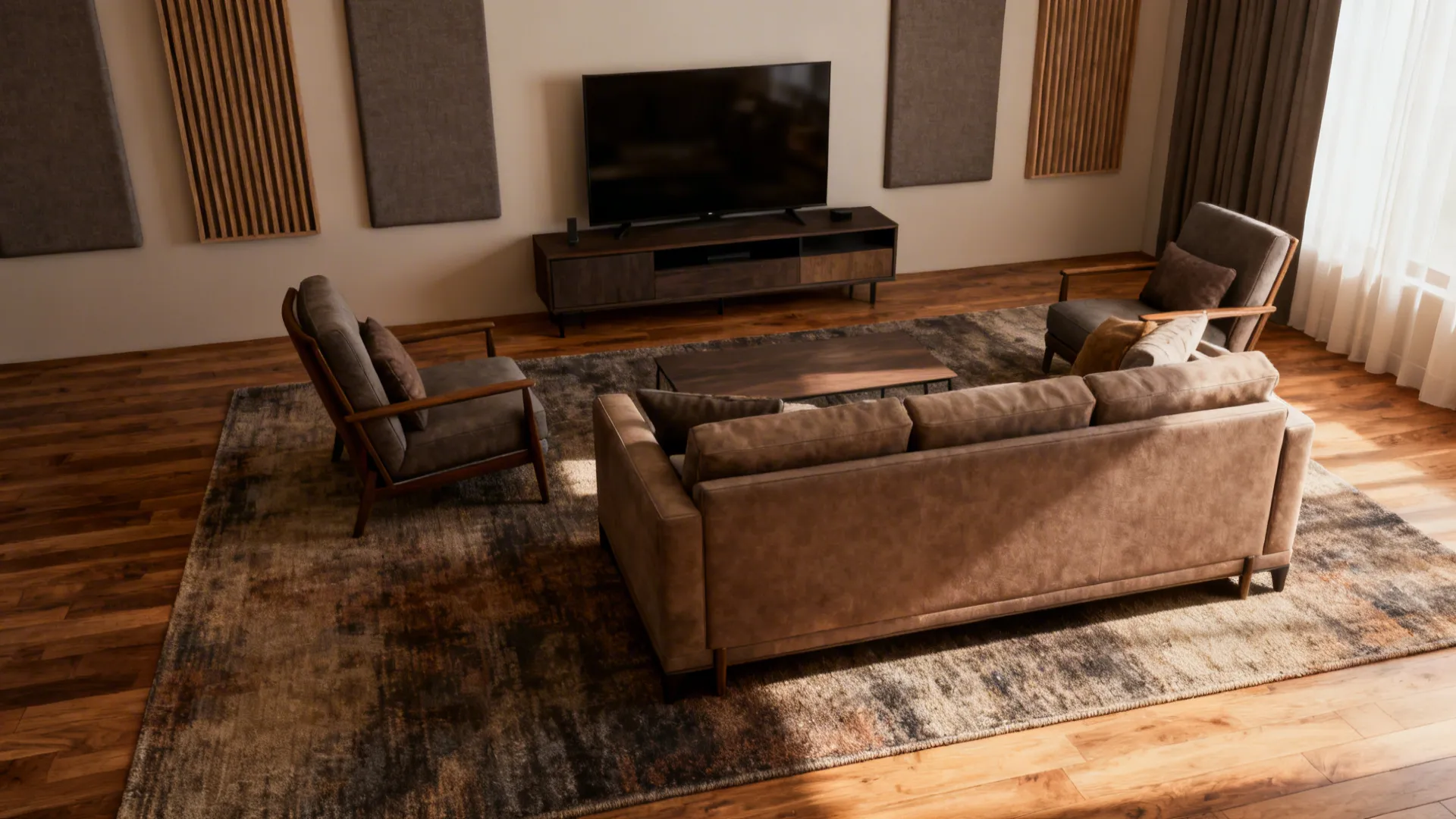 Living room with all furniture placed on a large rug featuring sofa armchairs and television