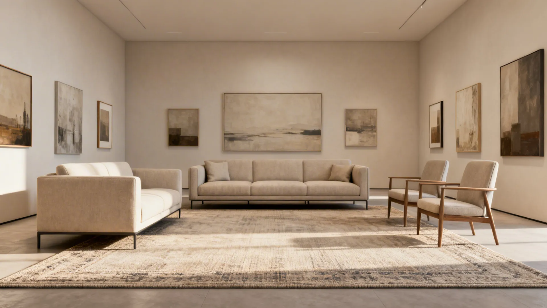 Large living room with sofa and chairs fully placed on a large rug creating a cohesive seating area