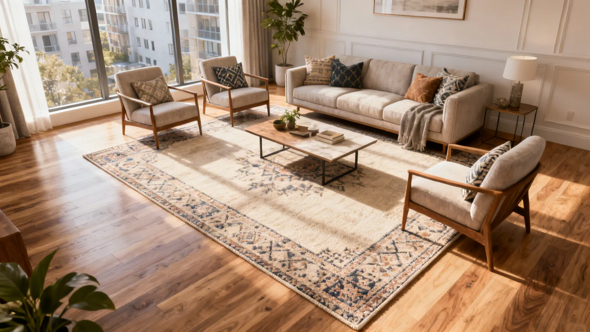 Living room where an 8x10 rug sits beneath sofa, chairs and coffee table creating a unified seating area.