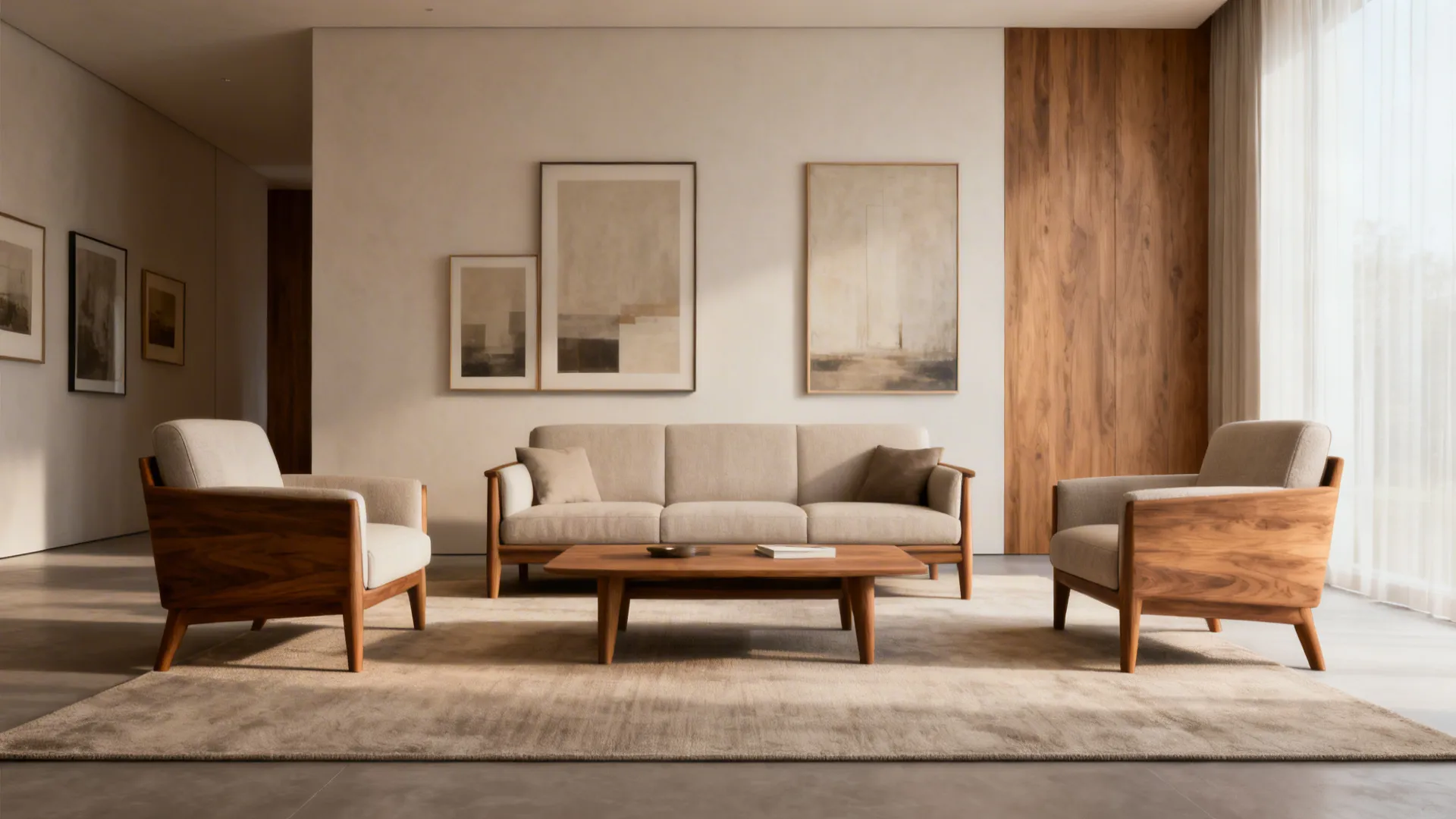 Modern living room with beige sofa and two wooden chairs placed entirely on a large rug