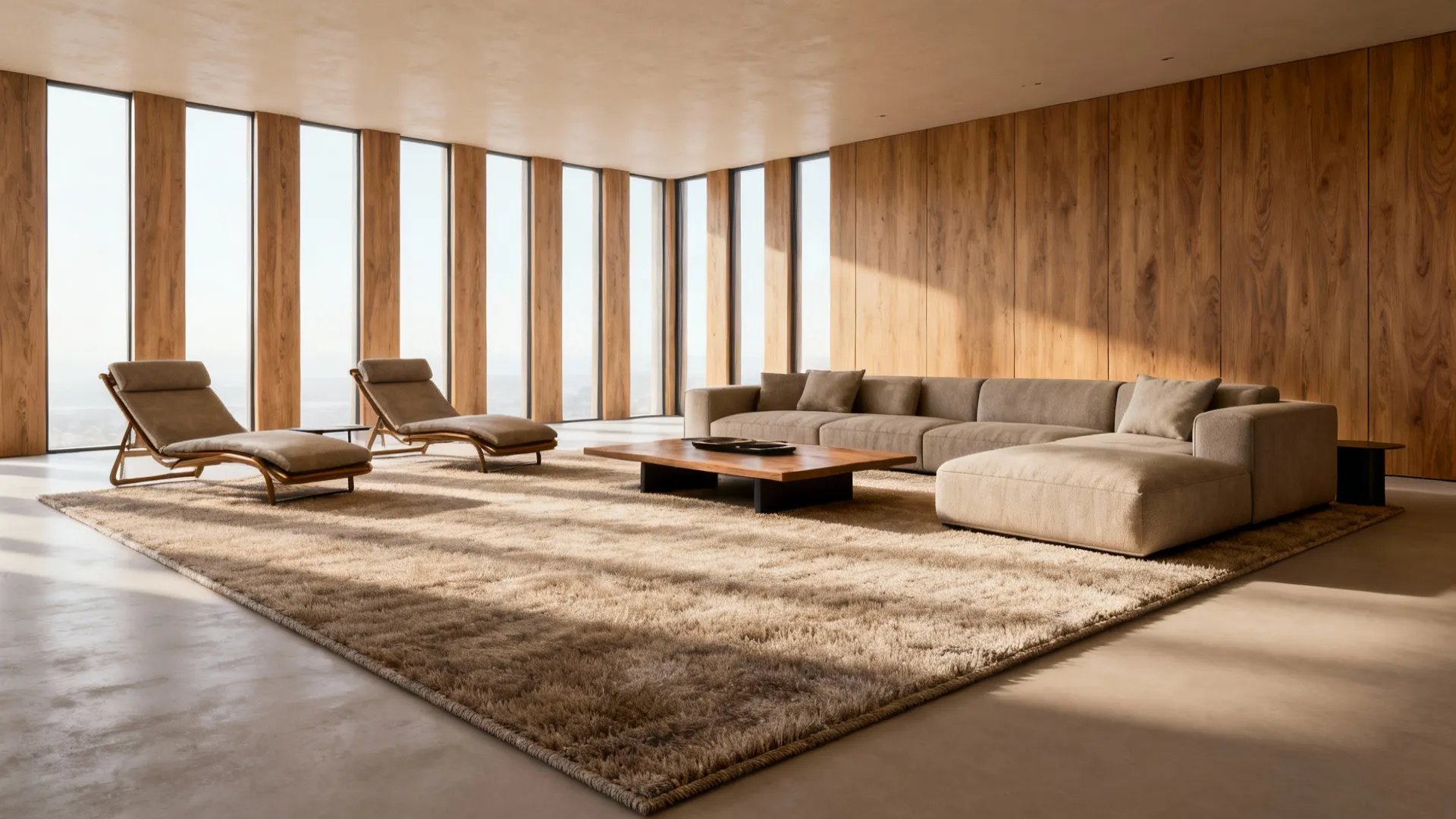Spacious living room with a large rug under the sofa, chairs and coffee table, leaving a framed border of floor.
