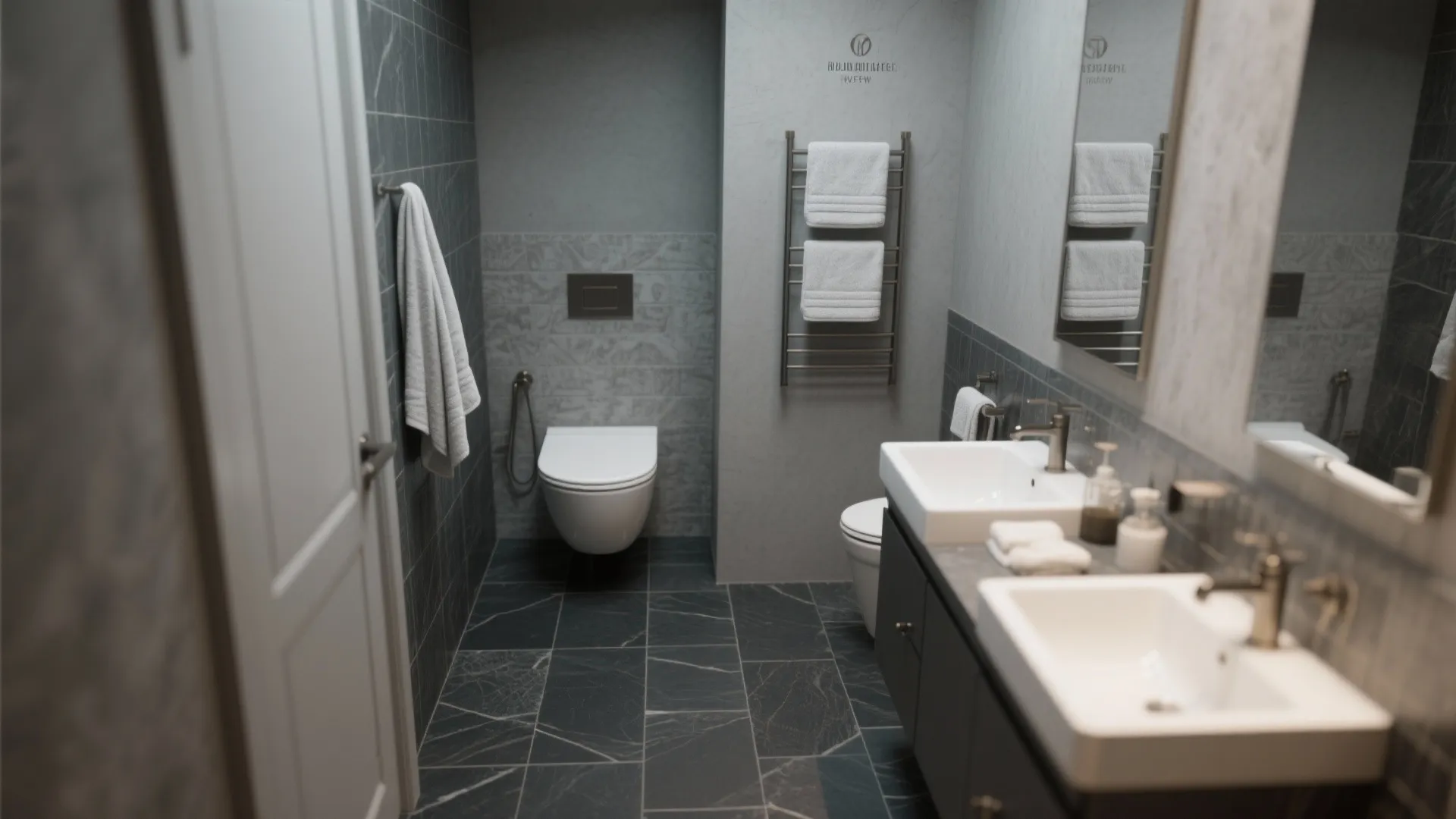 Dark grey marble bathroom design with two sinks wall hung toilet and heated towel rack