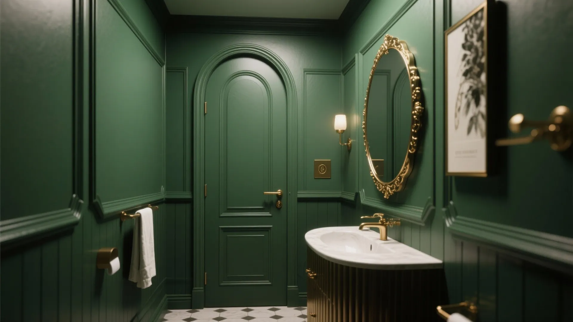 Classic dark green bathroom with wall panels, gold round mirror, arched door, and gold hardware