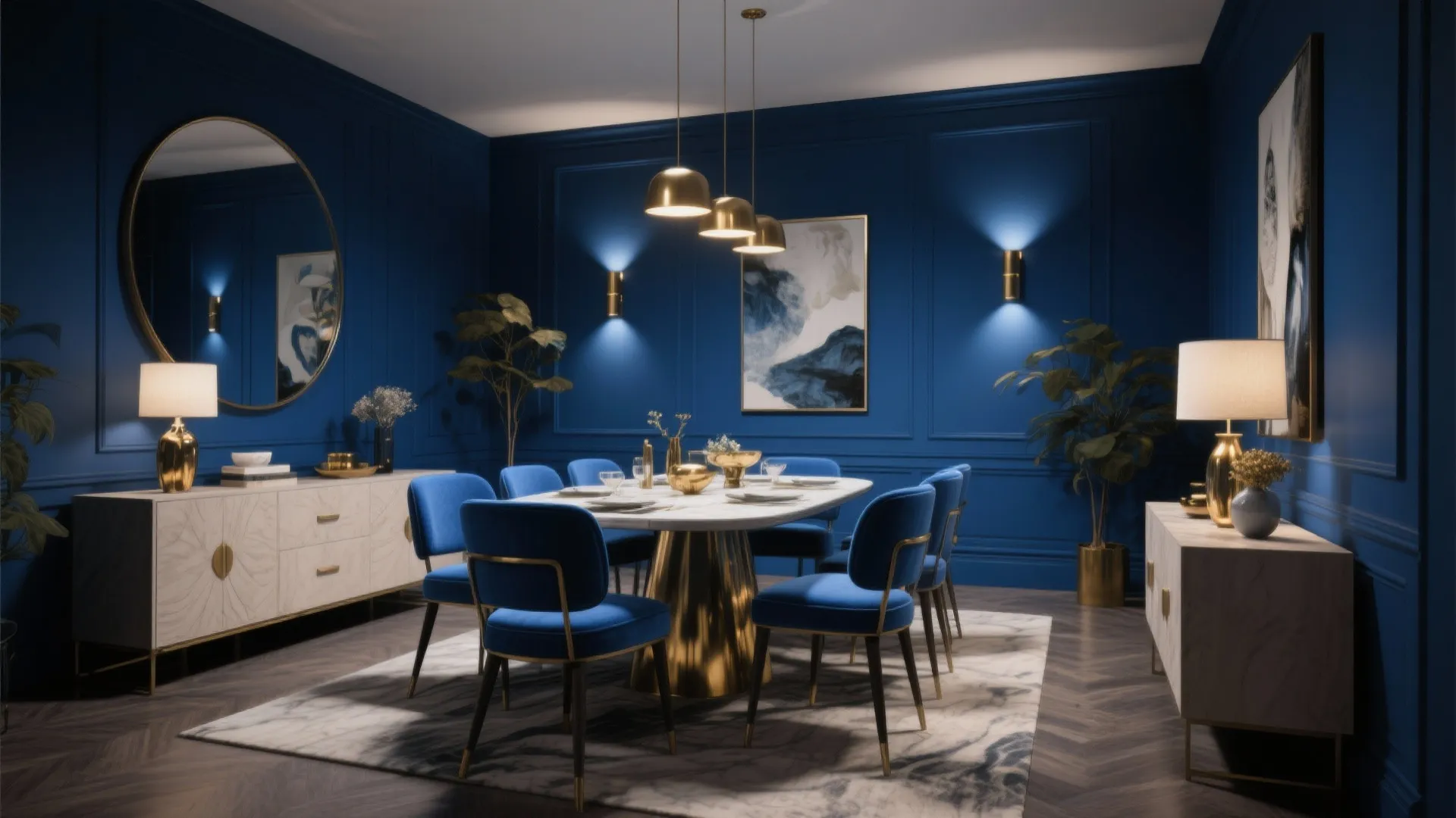 5. Go all-in with blue: walls, chairs, accents