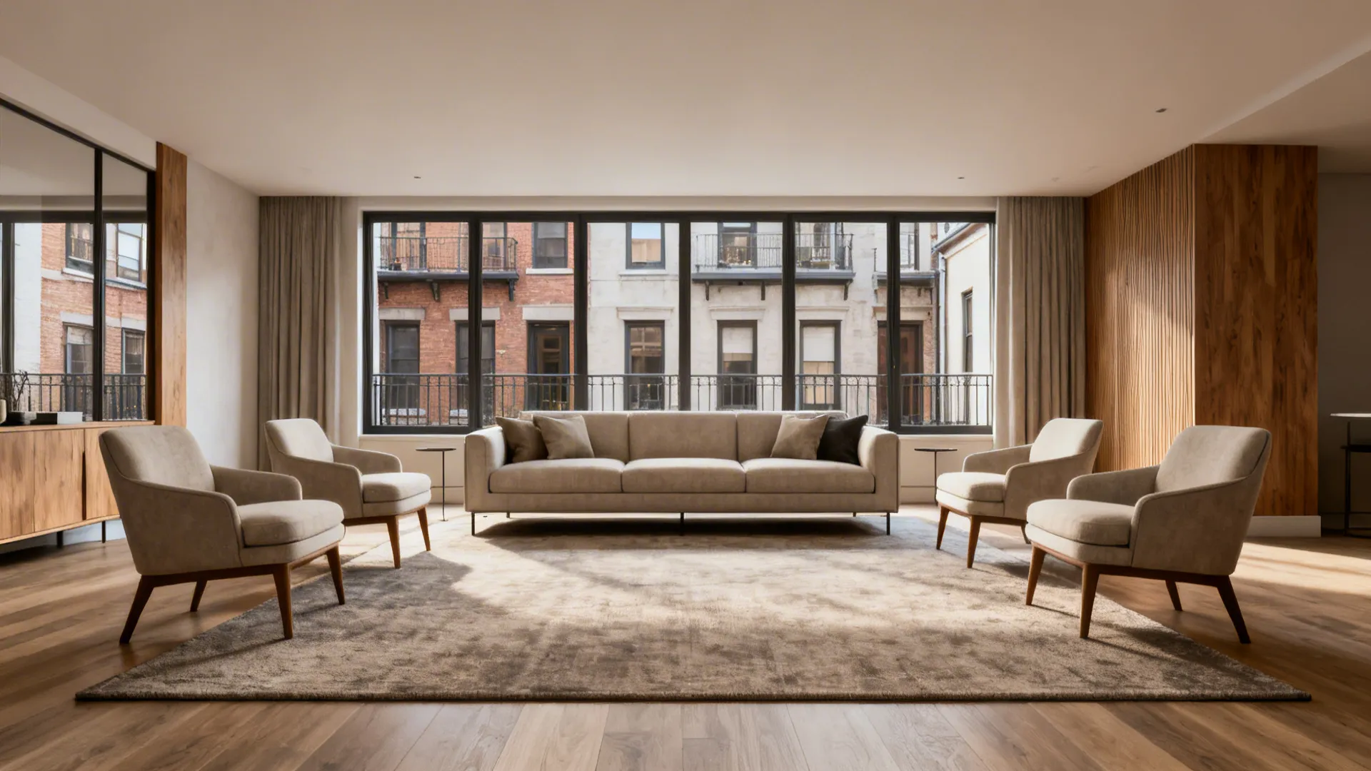 Living room where a large rug fits all furniture legs to create a unified seating area.