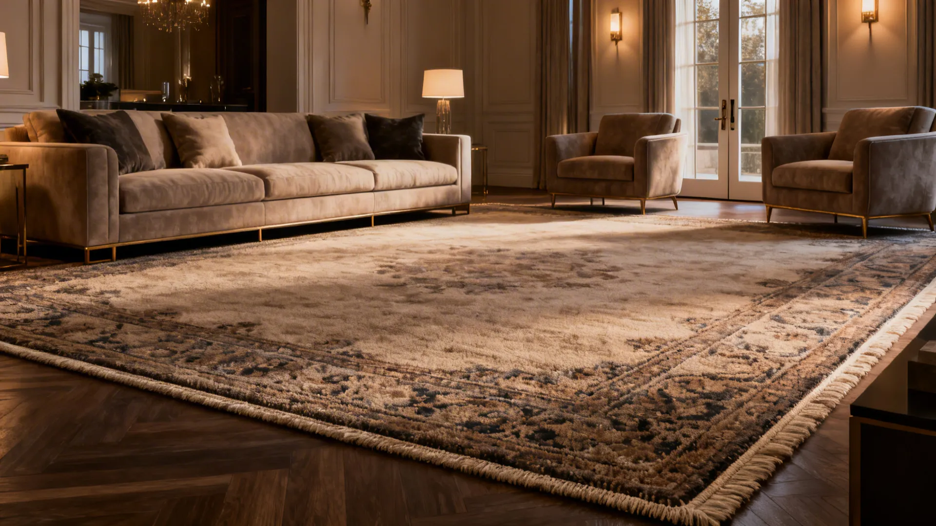 Living room with sofa and chairs fully on a large rug creating a cohesive seating area.
