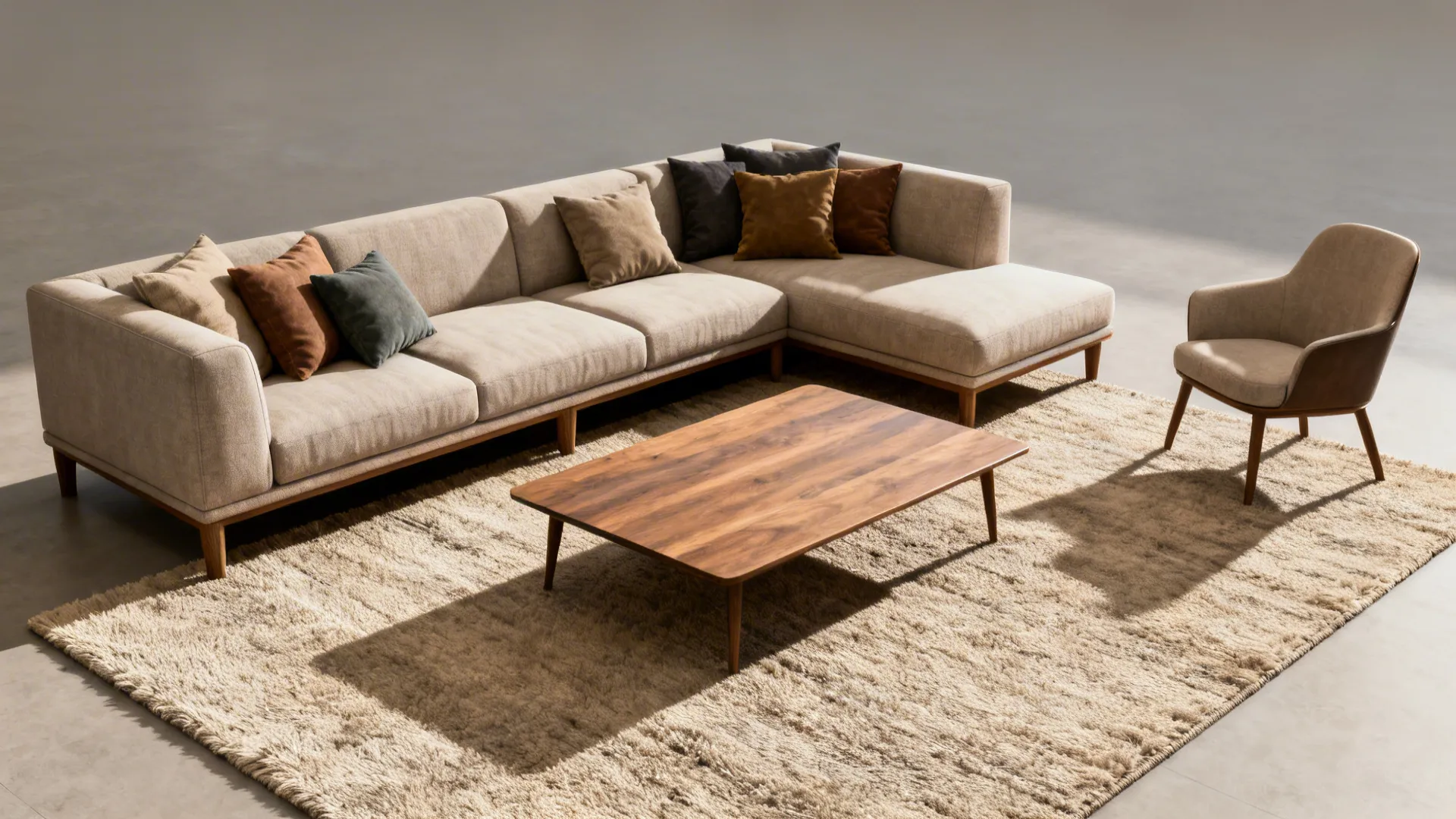 Living room where every leg of the L-shaped sectional sits on a large rug creating a cohesive seating island.
