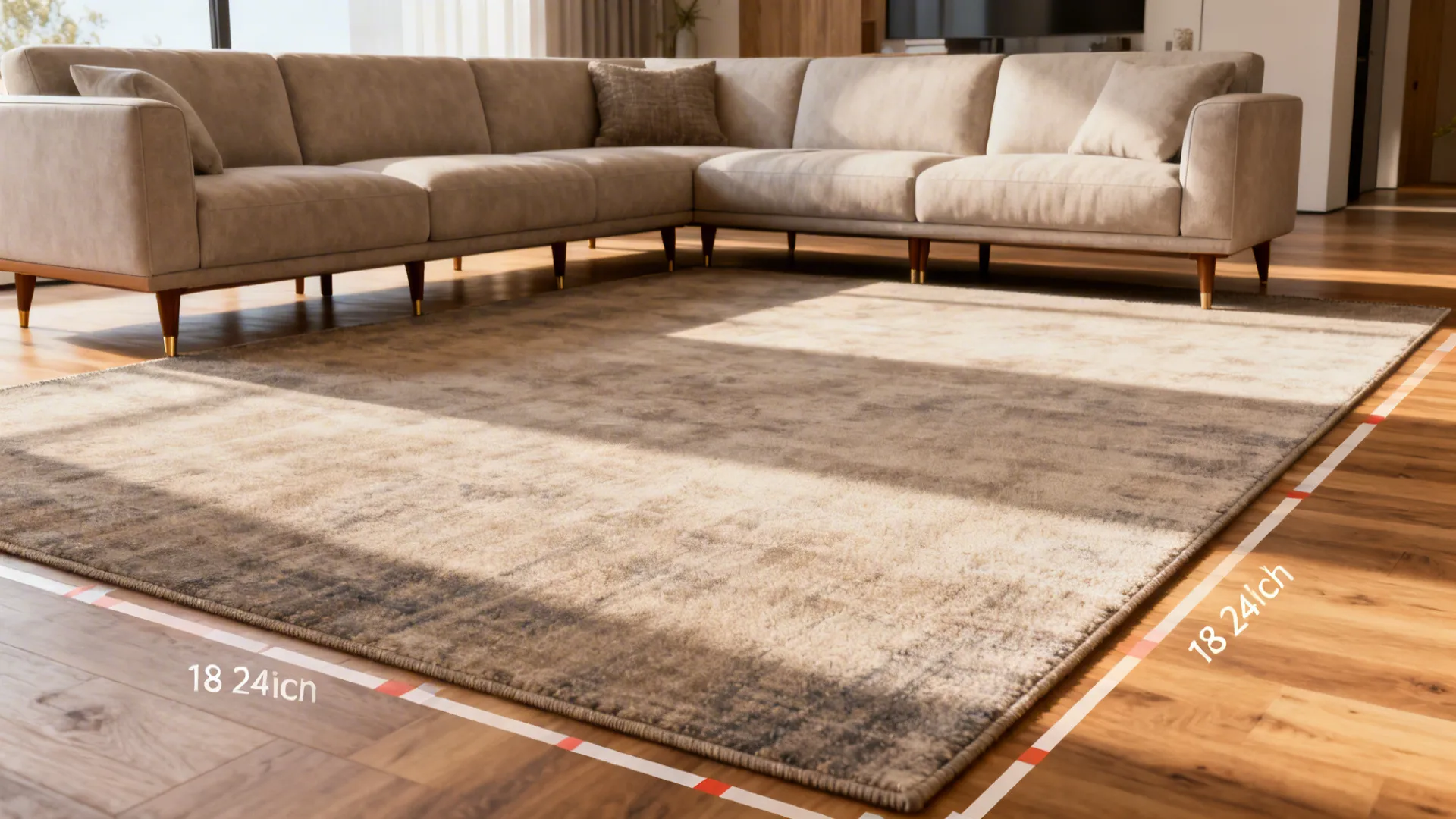 Large rug with all legs of a sectional on it, leaving 18–24 inches of exposed floor