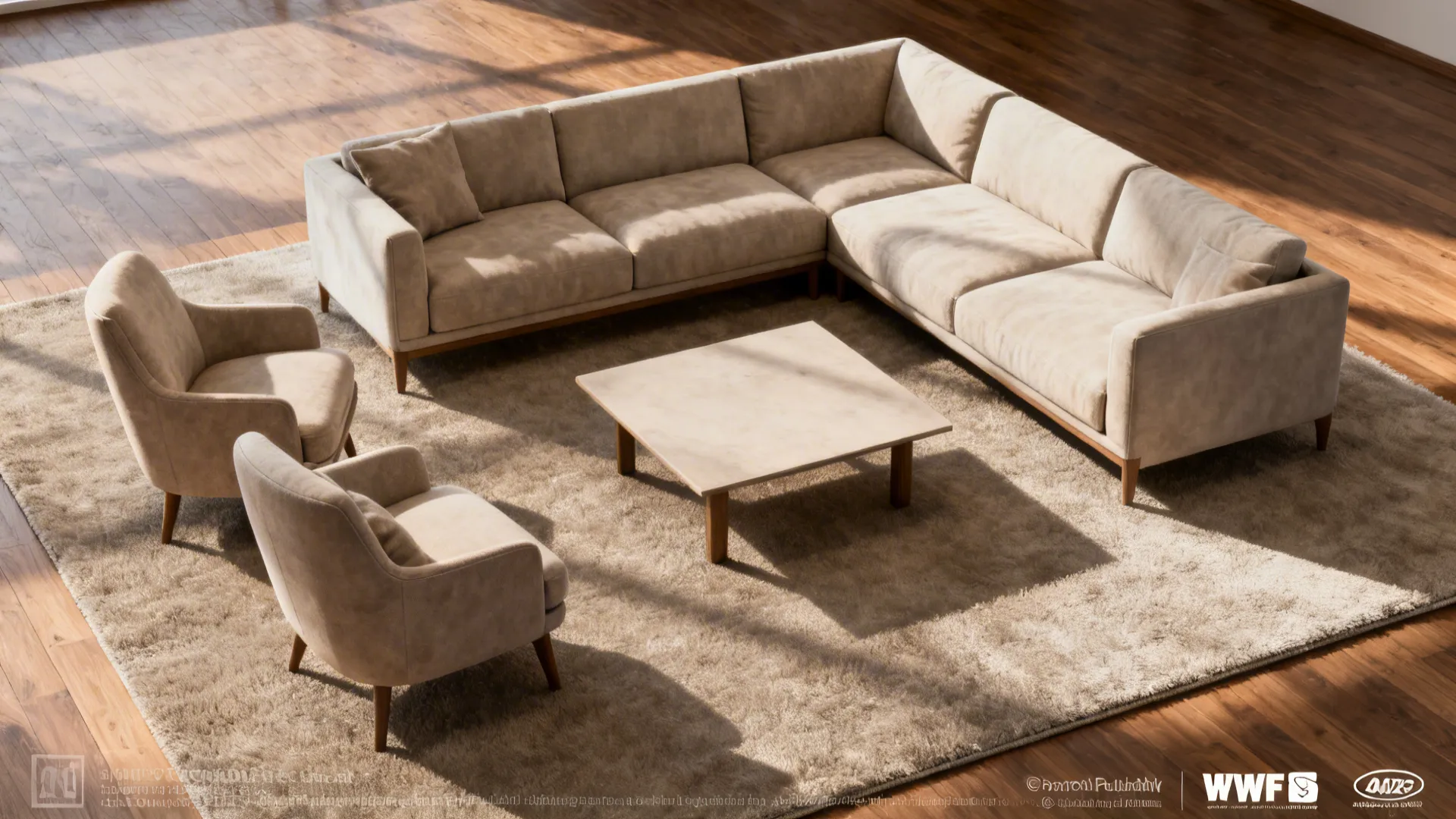 Living room with sofa and chairs fully on a large rug creating a unified seating area.