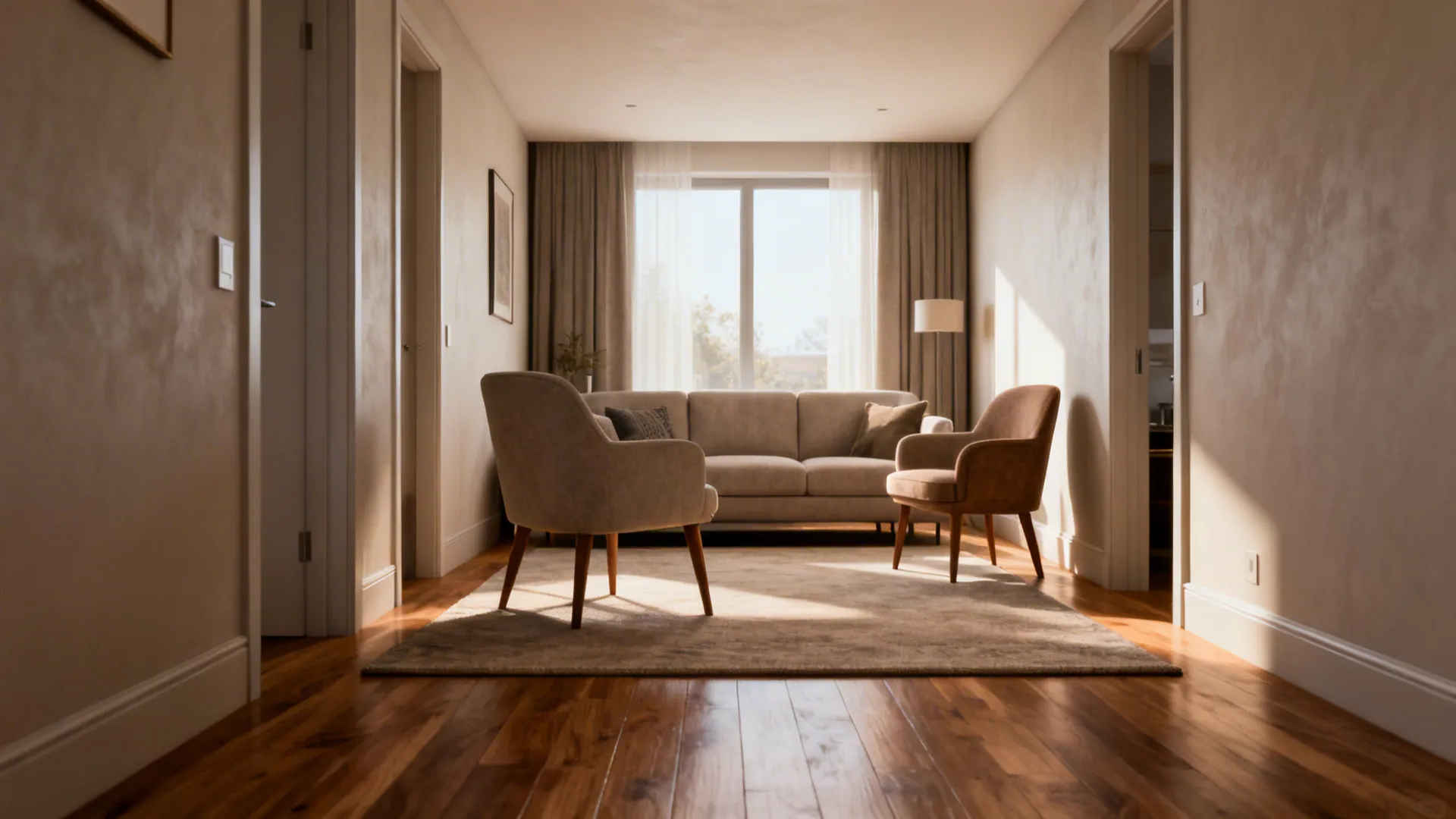 Narrow apartment with all sofa and chair legs on a large rug for visual cohesion.