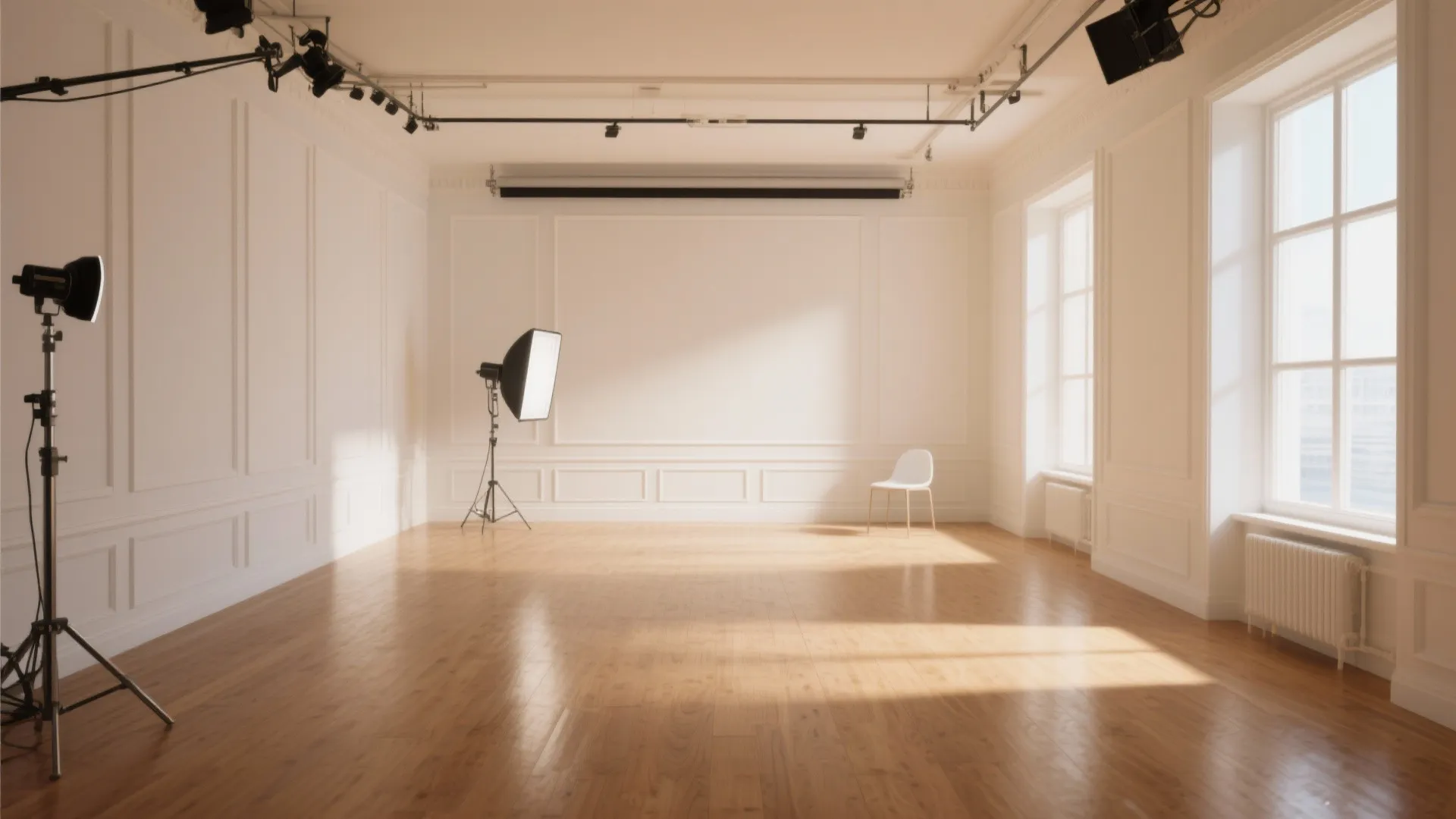 Empty photography studio with wooden floor white walls large windows and professional studio light equipment