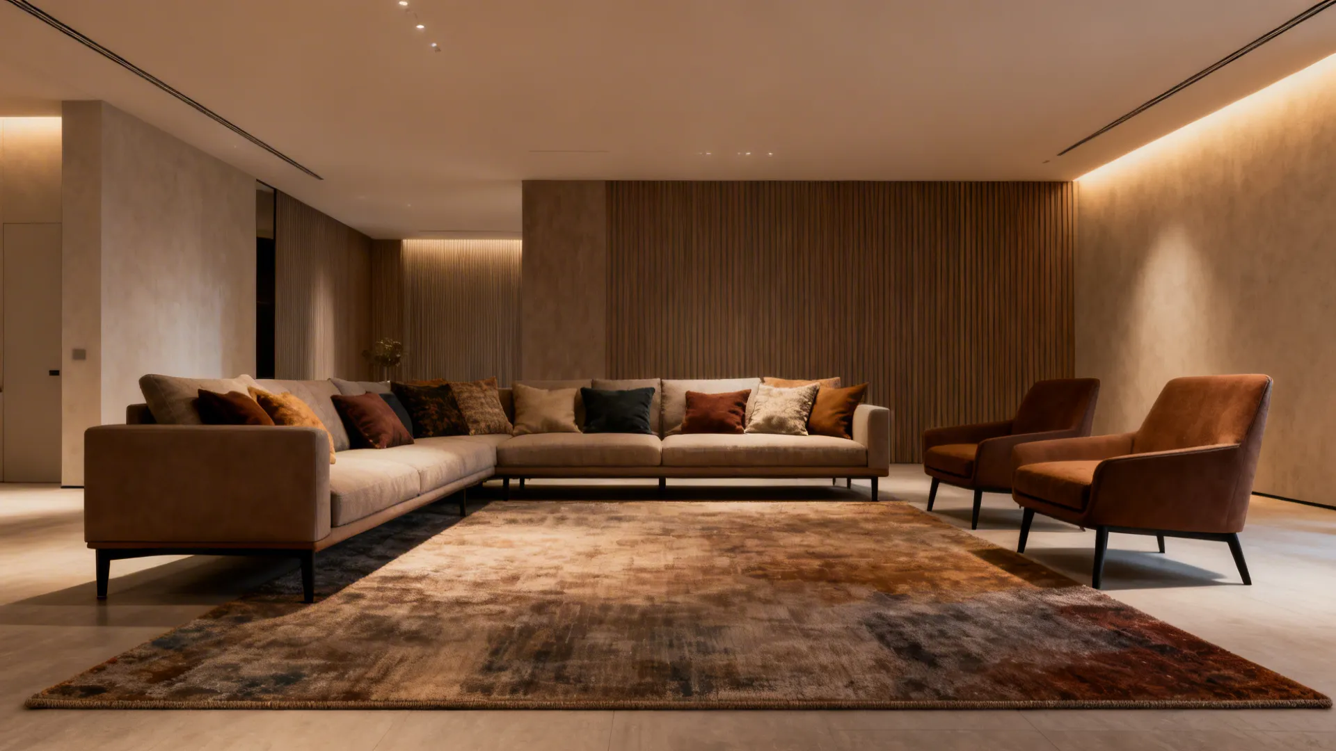 Spacious living room with an oversized rug where all furniture legs rest on the rug.