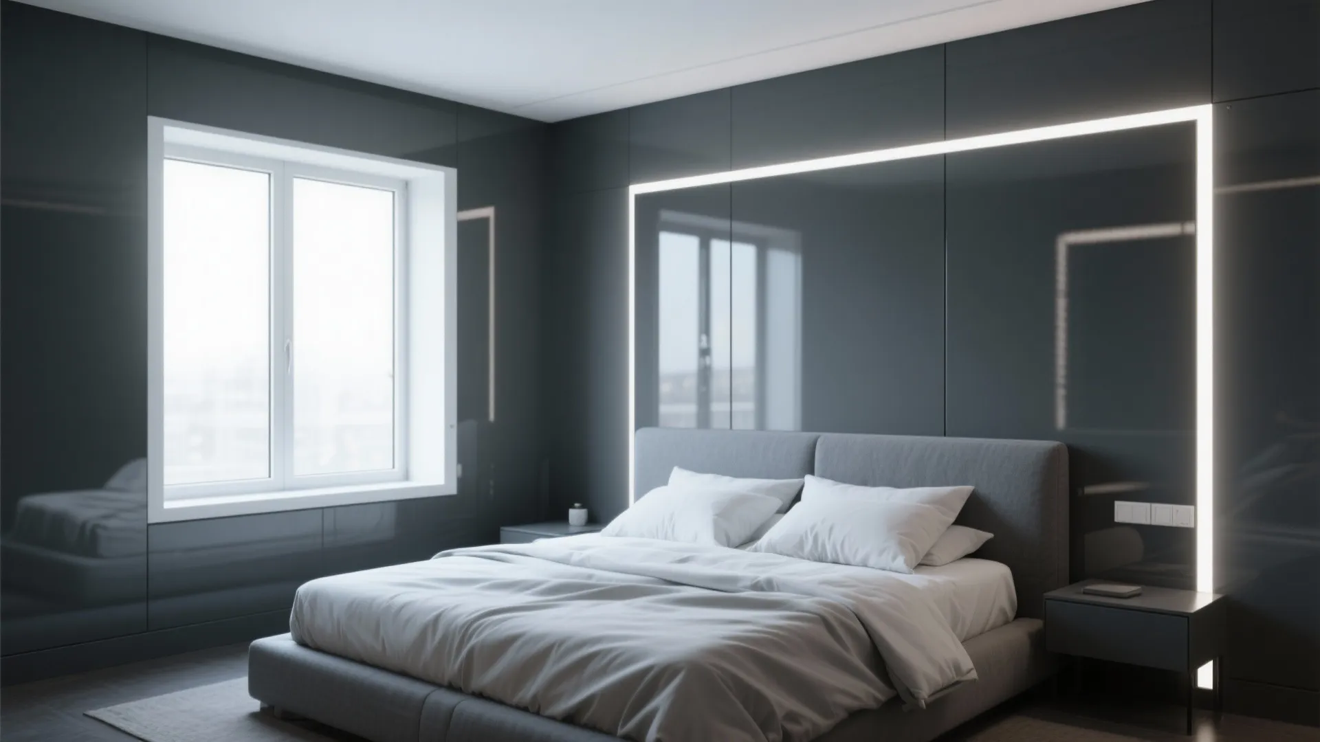 All-over dark gray bedroom with high-gloss white trim reflecting light and crisp sightlines.