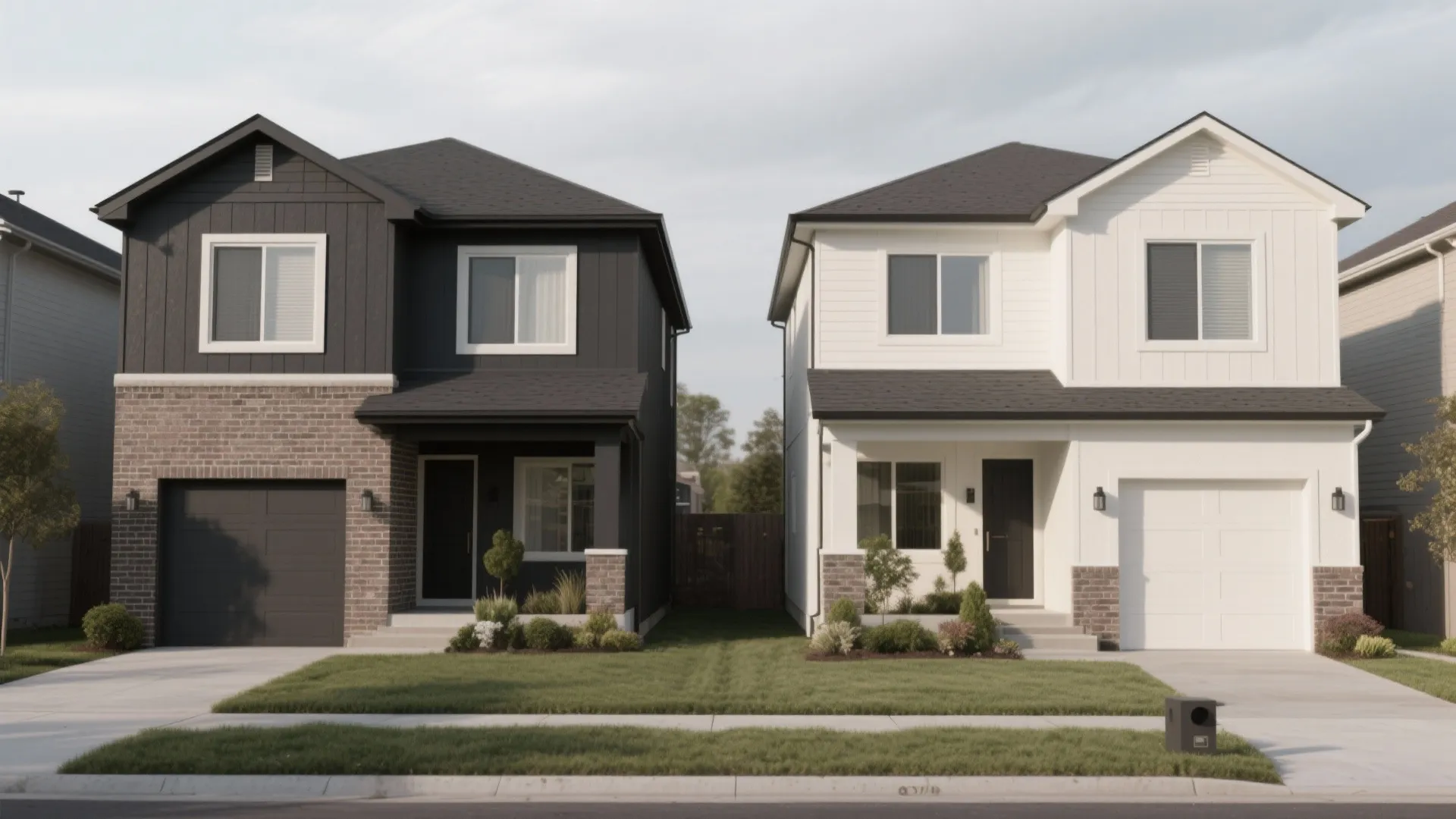 Side by side comparison of a dark grey house and a white house with garages