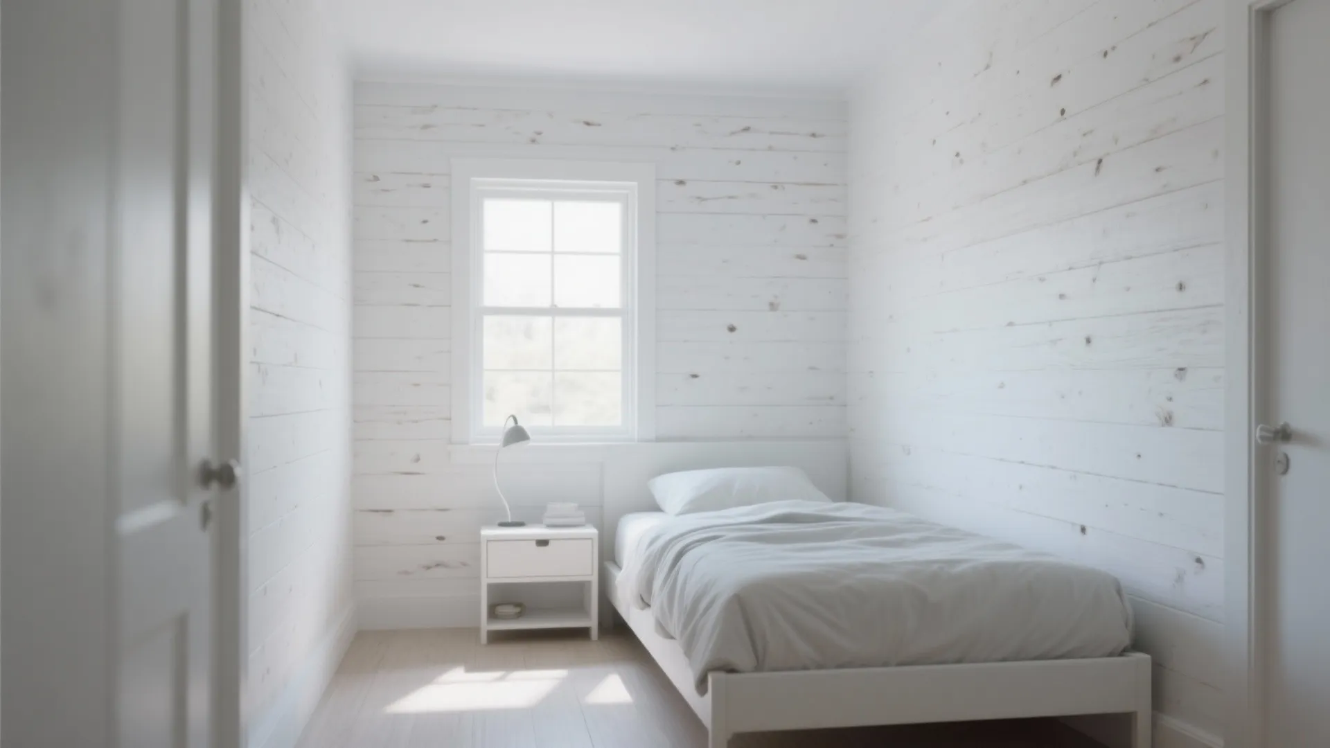Small room showing knotty pine walls fully painted crisp white to brighten and modernize the space.