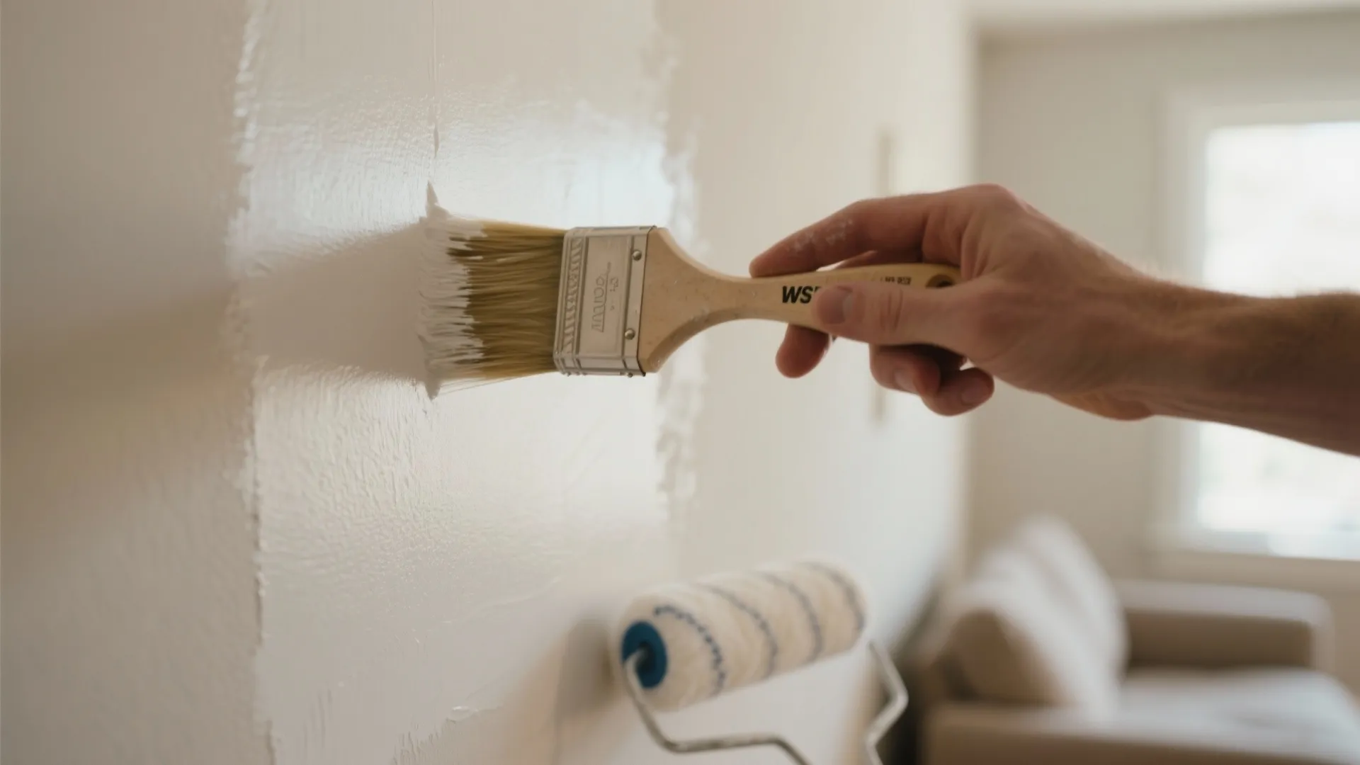 Hand using a paintbrush to apply white paint to a wall with a paint roller