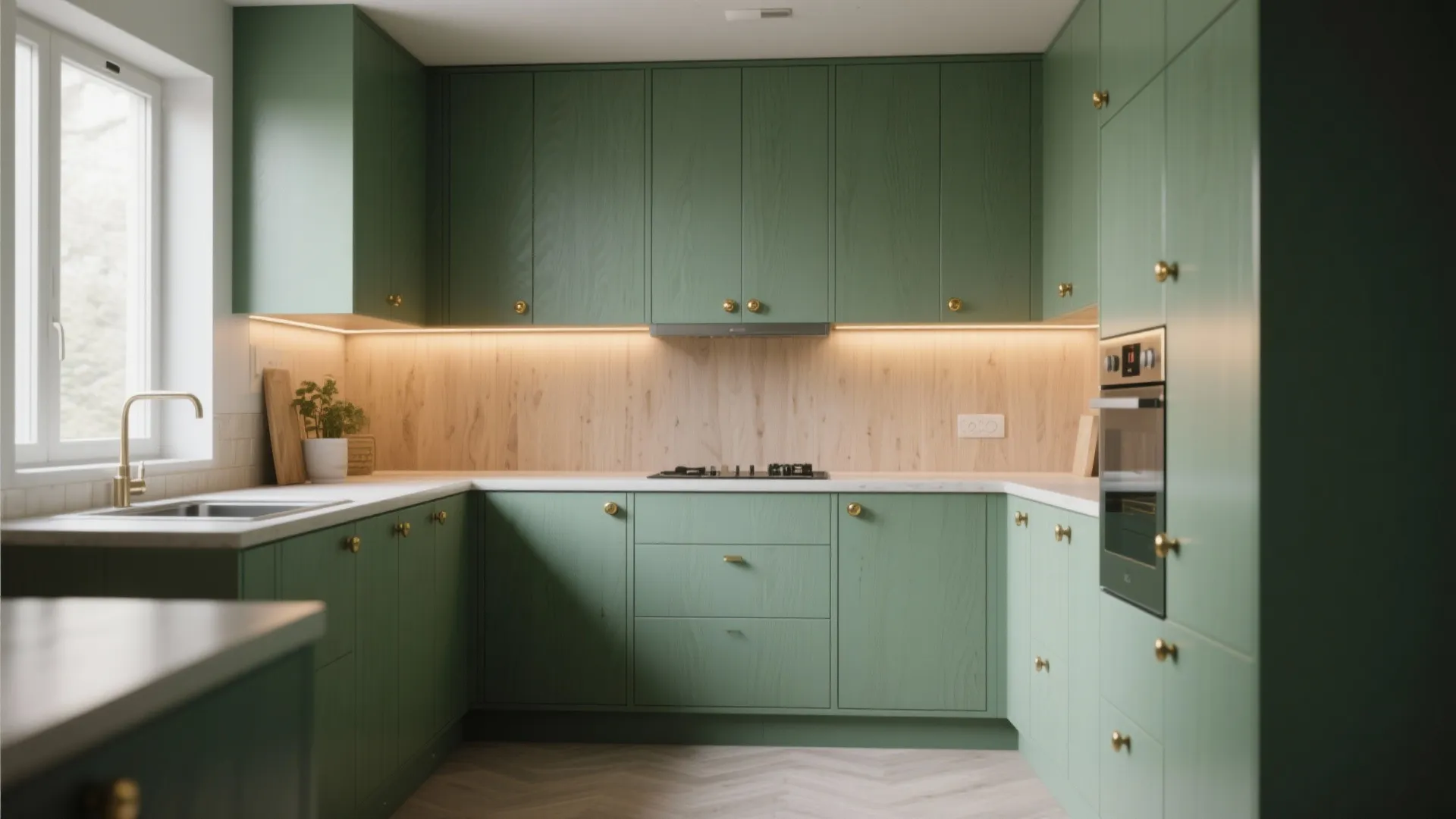 1. All-sage cabinets with brass hardware