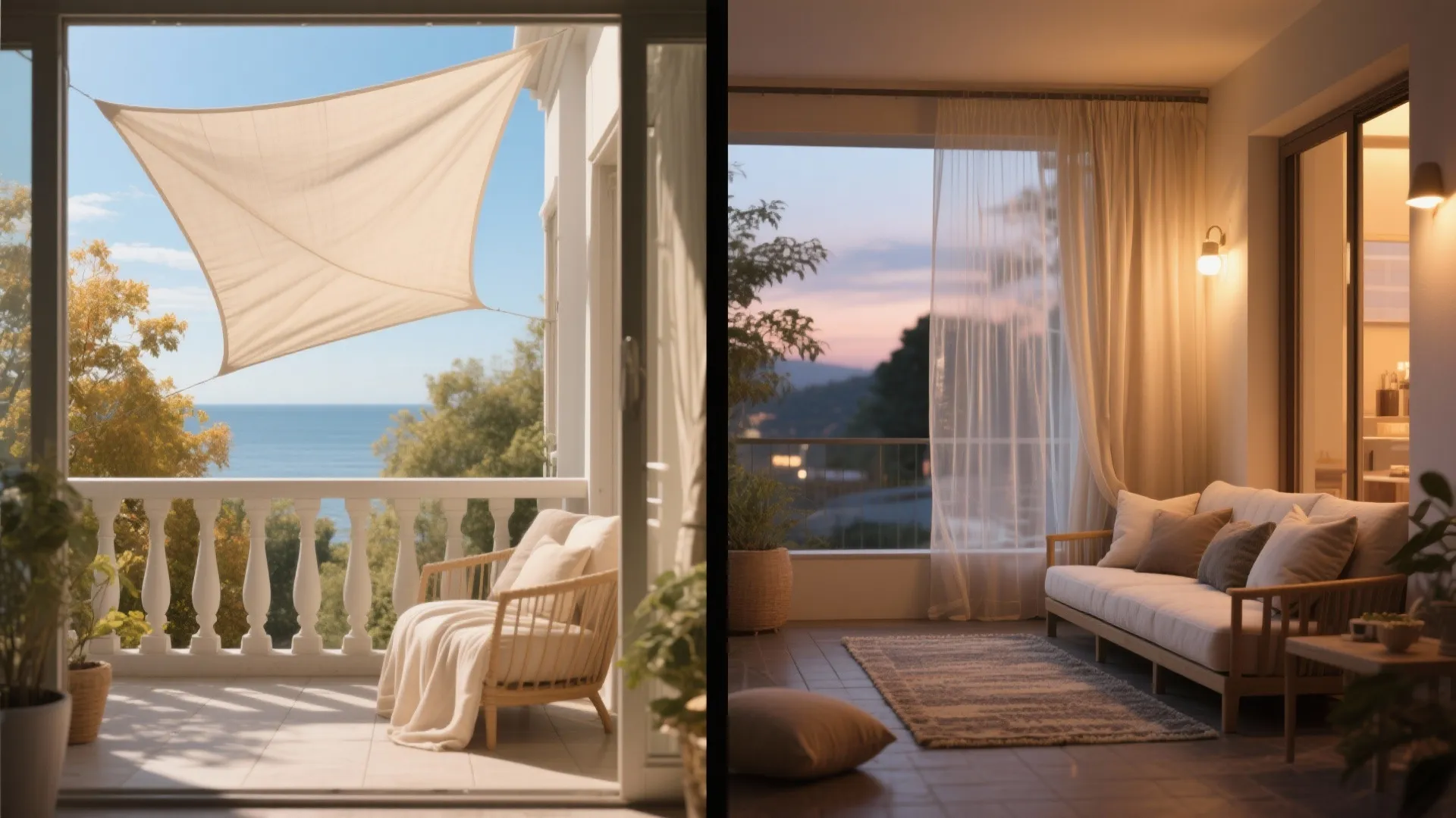 Comparison of a bright sunny balcony with a sunshade and a cozy evening balcony setting
