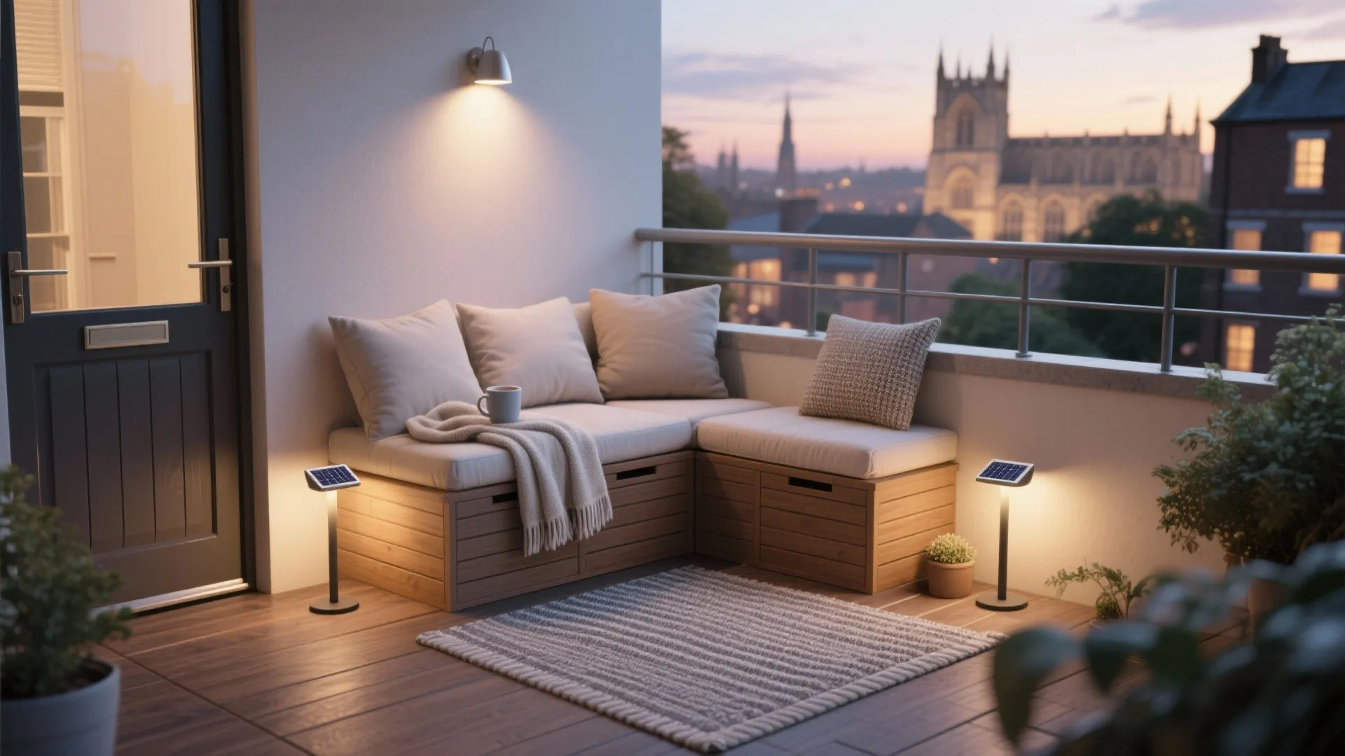 Cozy balcony at night with wooden corner sofa beige cushions striped rug and small floor lights