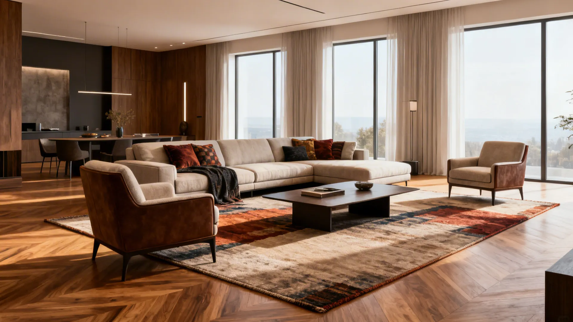 Modern living room with large beige sofa two armchairs coffee table and big floor windows