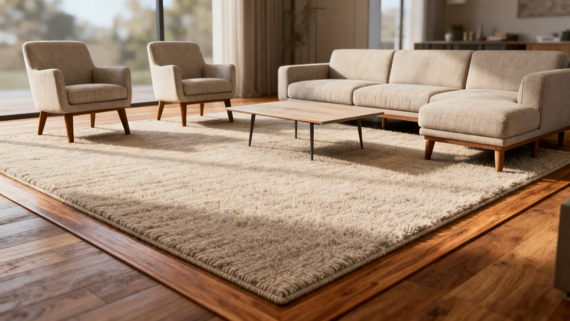 Living room with all seating front legs placed on a large rug to define the conversation zone.