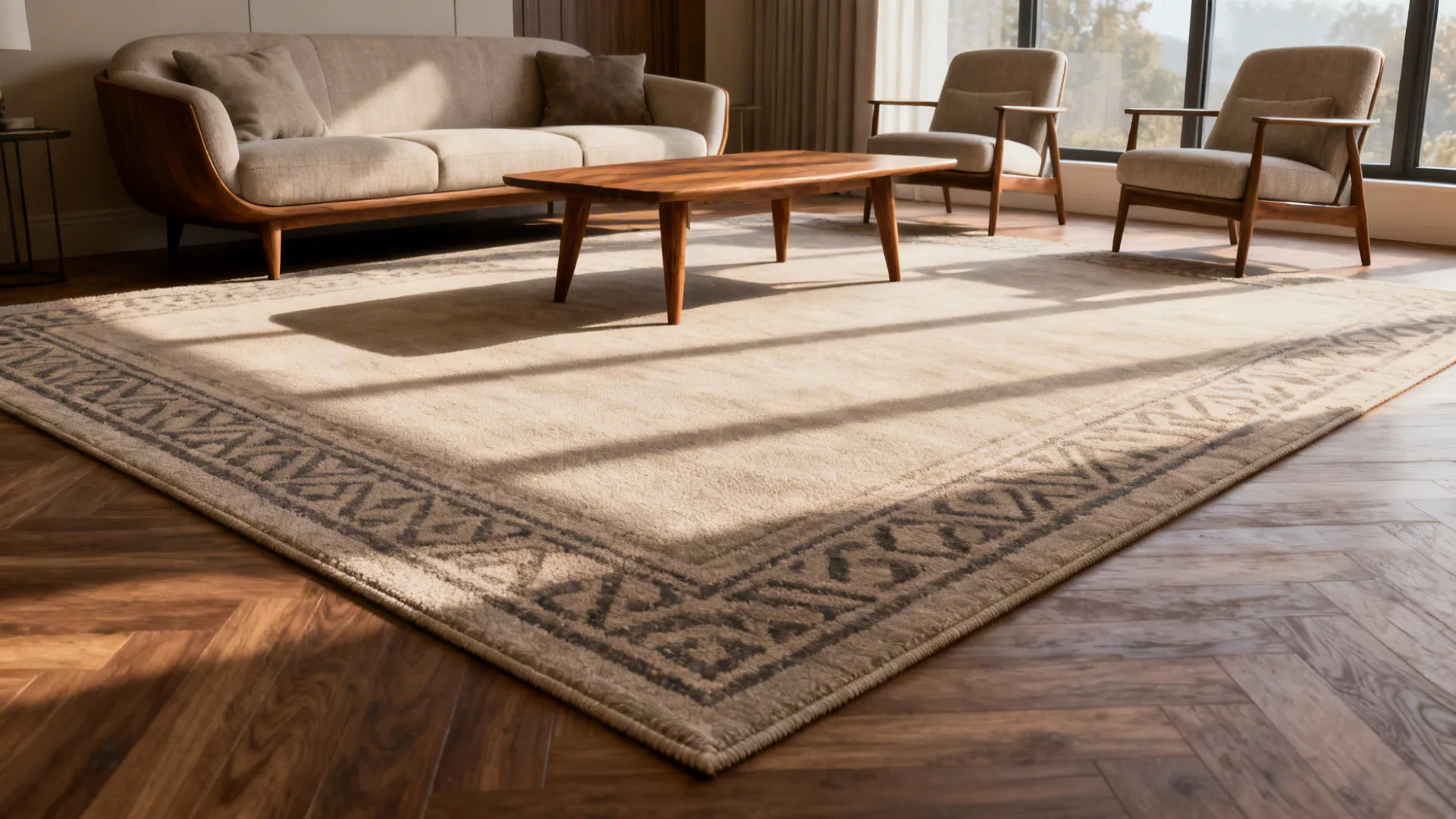 Large patterned rug on wooden floor with sofa coffee table and two chairs in sunlight