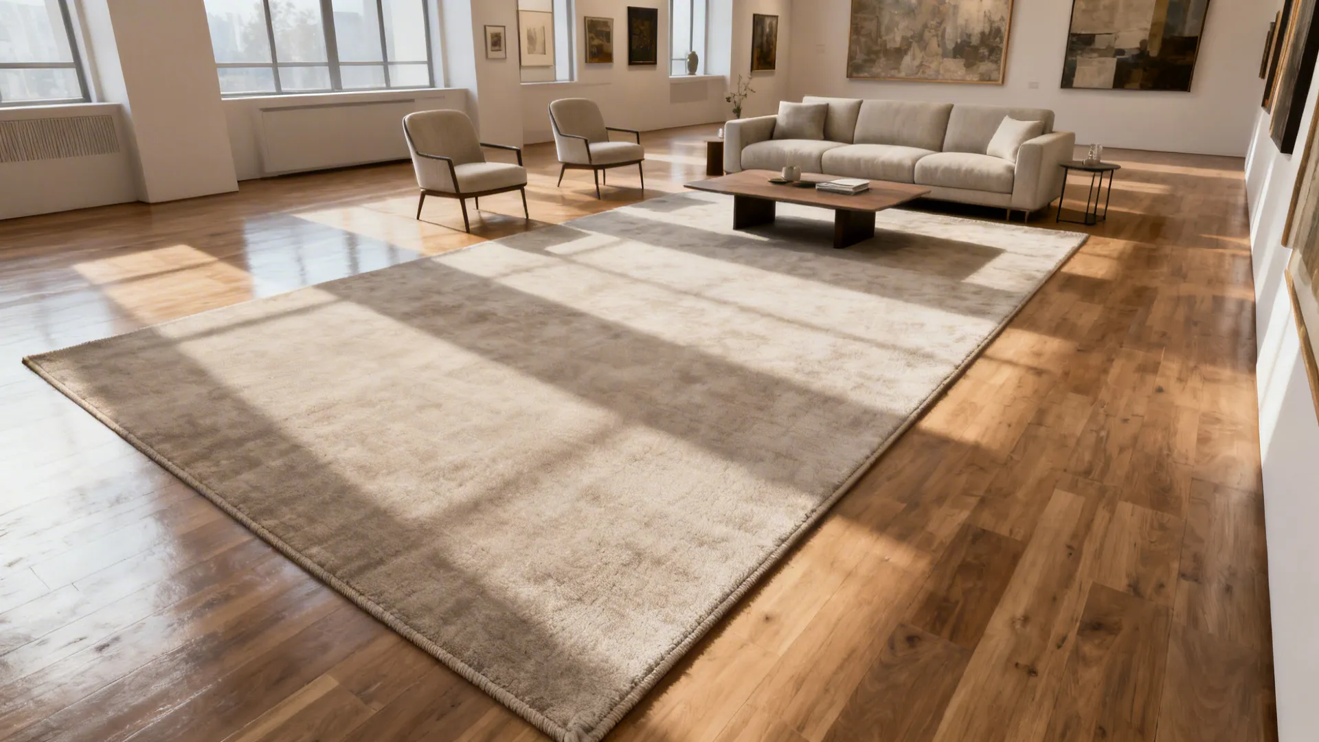 Large living room with an oversized rug placed completely under all seating furniture