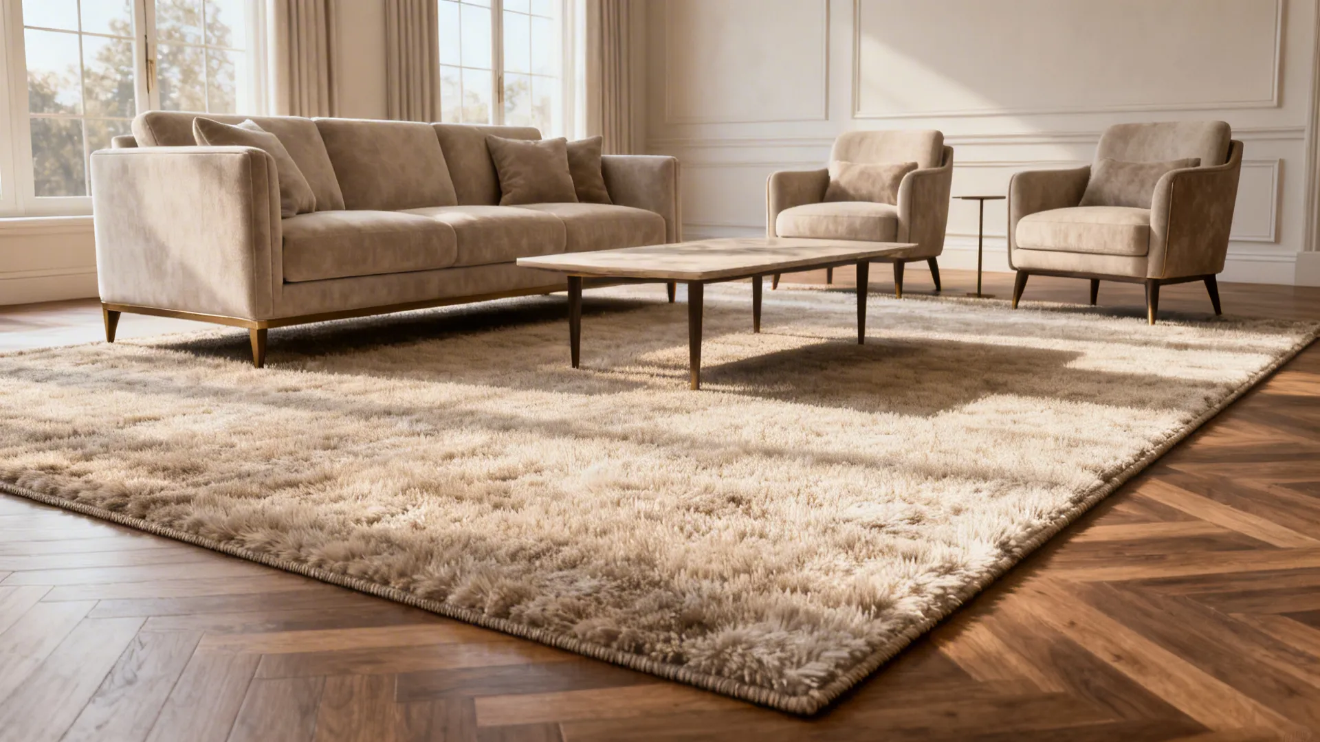 Living room with a large rug under all furniture legs creating a cohesive grounded look