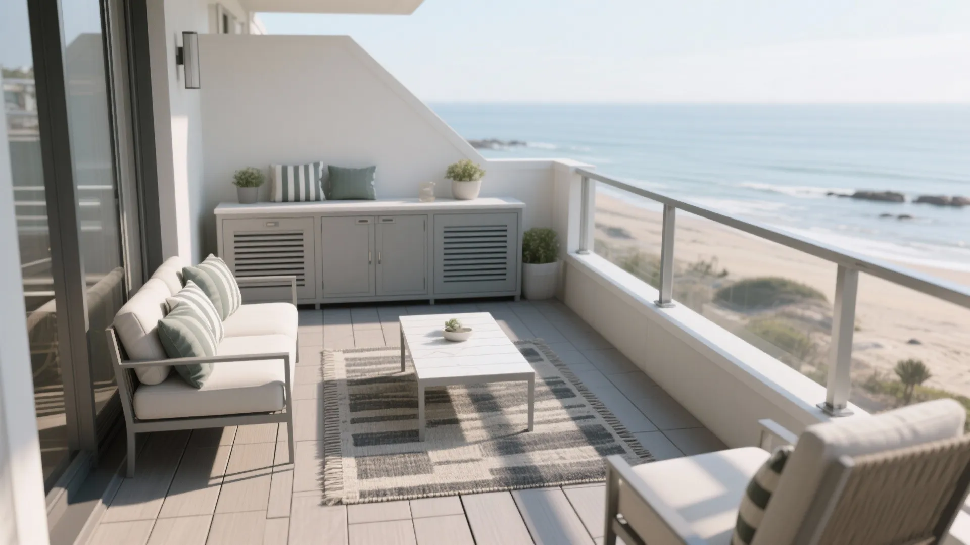 Coastal balcony with powder-coated aluminum furniture, porcelain tiles, and vented storage fronts.