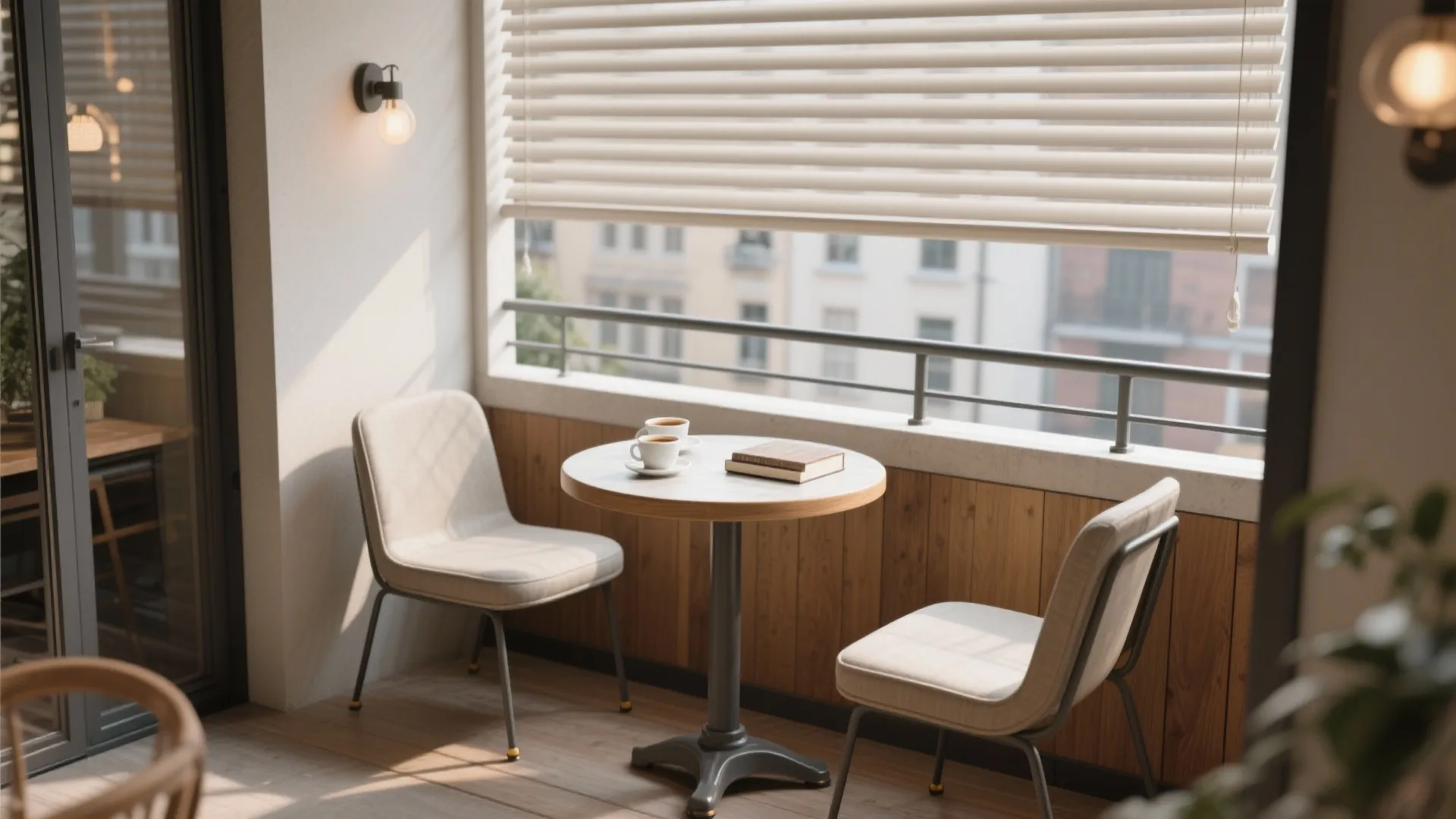 Small balcony cafe nook with round table two chairs window blinds wall light and wood paneling