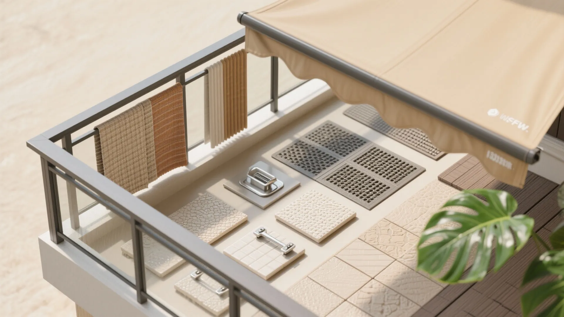 Modern balcony floor samples showing various outdoor tile designs under a beige sun shade canopy