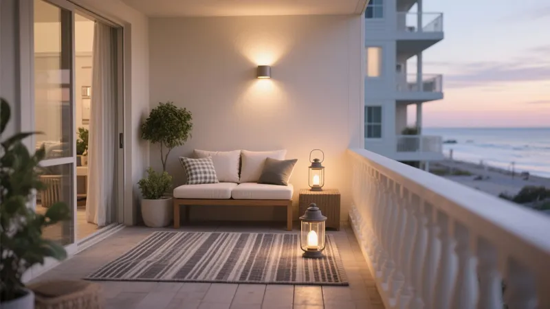 Cozy Ocean View Balcony Design with Warm Lighting