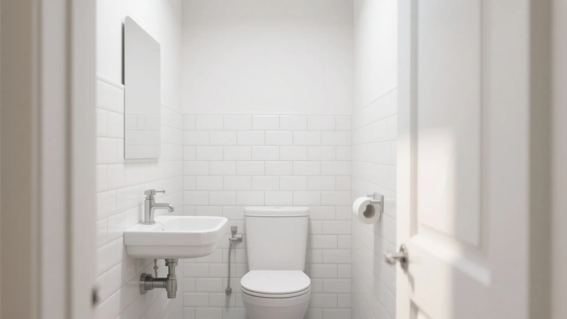 Small white bathroom interior design featuring subway wall tiles compact wall sink and white toilet bowl