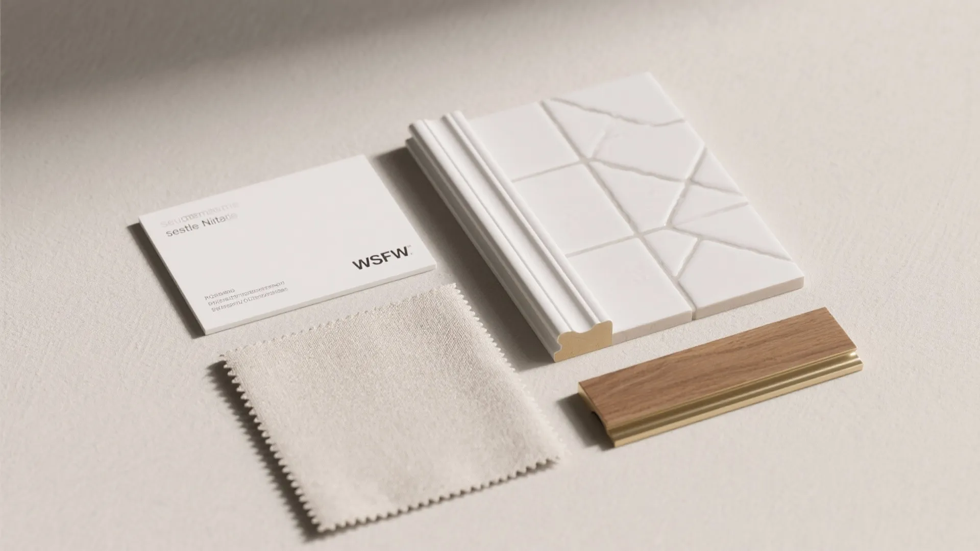 Interior design mood board featuring fabric swatch white tile wood trim sample and business card