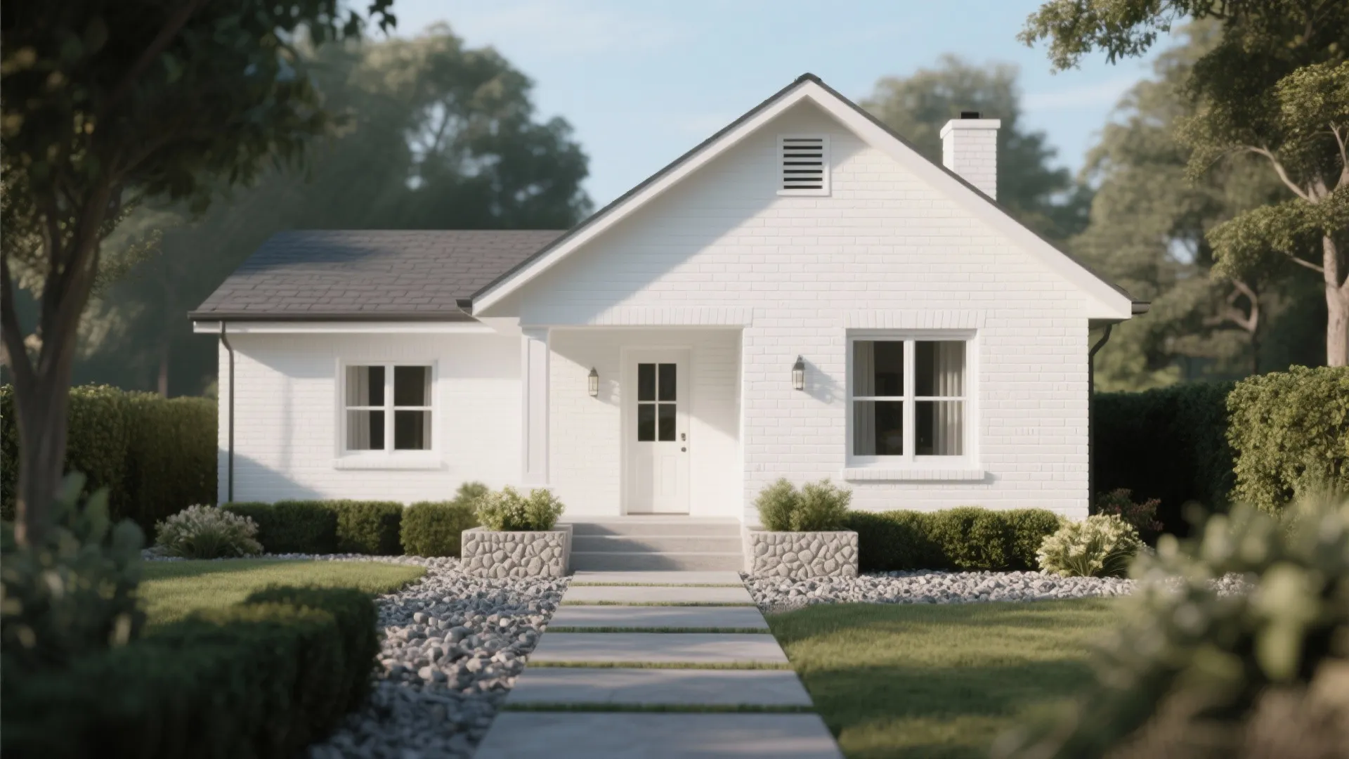 Cottage with white-painted brick, matte masonry finish and layered landscaping to add texture.